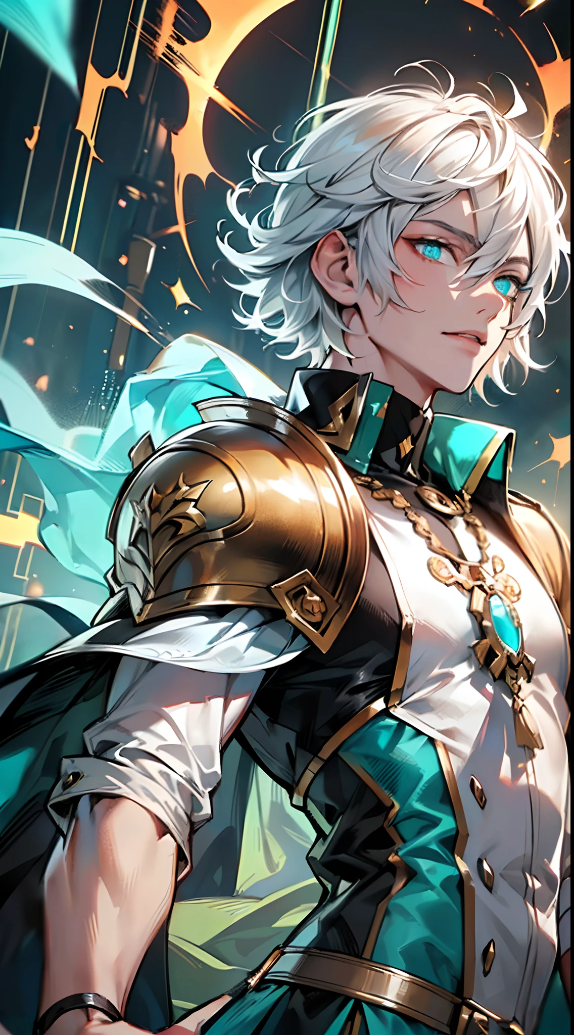 absurdress, (Excellent composition), 1boy, a handsome, ember, dynamic foreshortening, dinamic lighting, Well-built, olive skin, Coiling hair, Exquisite, 3/4 frames, a handsome_male,
Fantasy, Regal, nobleman,sharp face ,Short Hair Hair, white hair light, glowing Cyan eyes, Princely attire, cloudy skies, grey hair strokes