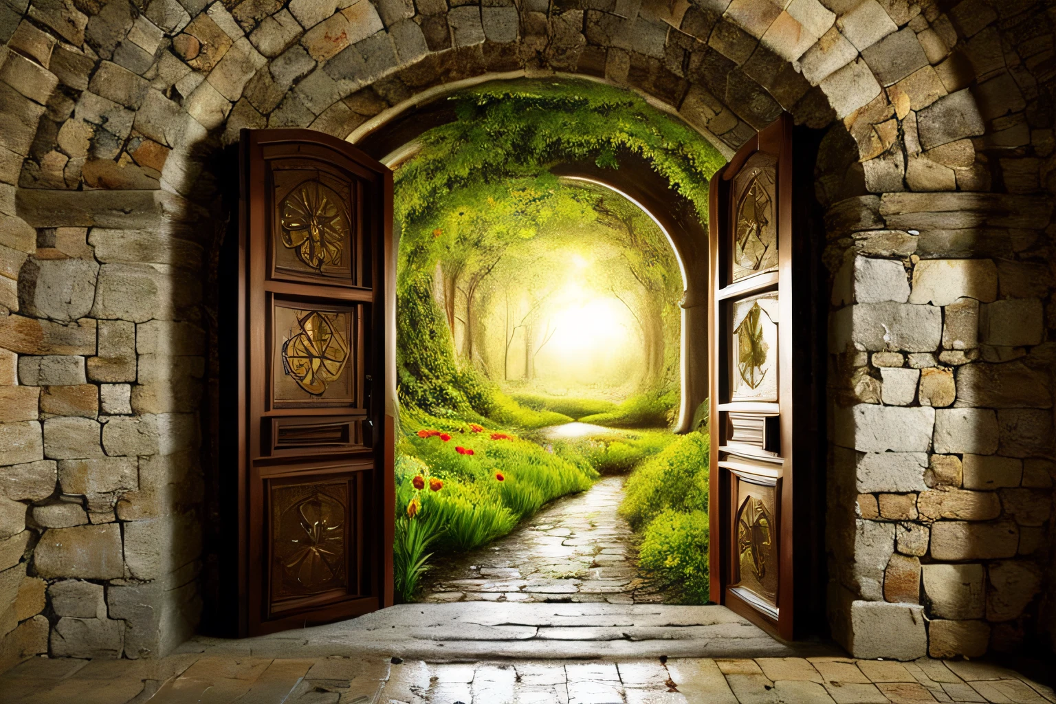 grotte, Eau, fleurs, , Gold forged door, la plus oeuvre du monde, plantes grimpantes, espace,