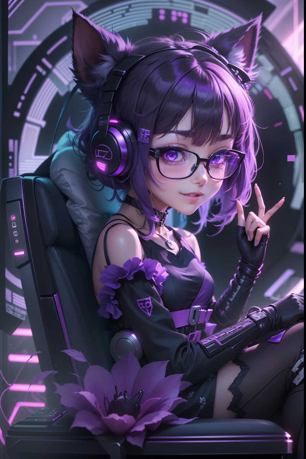 (masterpiecea Manga idlol girl with glasses on cat ears on her head wearing a purple bow with a bell fingerless glove in the color black in a black dress with purple a lace skirt white with purple sitting on a gaming chair with an x in her left hand box controller and with her right hand she makes a peace sign with a friendly smile in syntwave 90s anime cyberpunk style), best quality, expressive eyes, perfect face