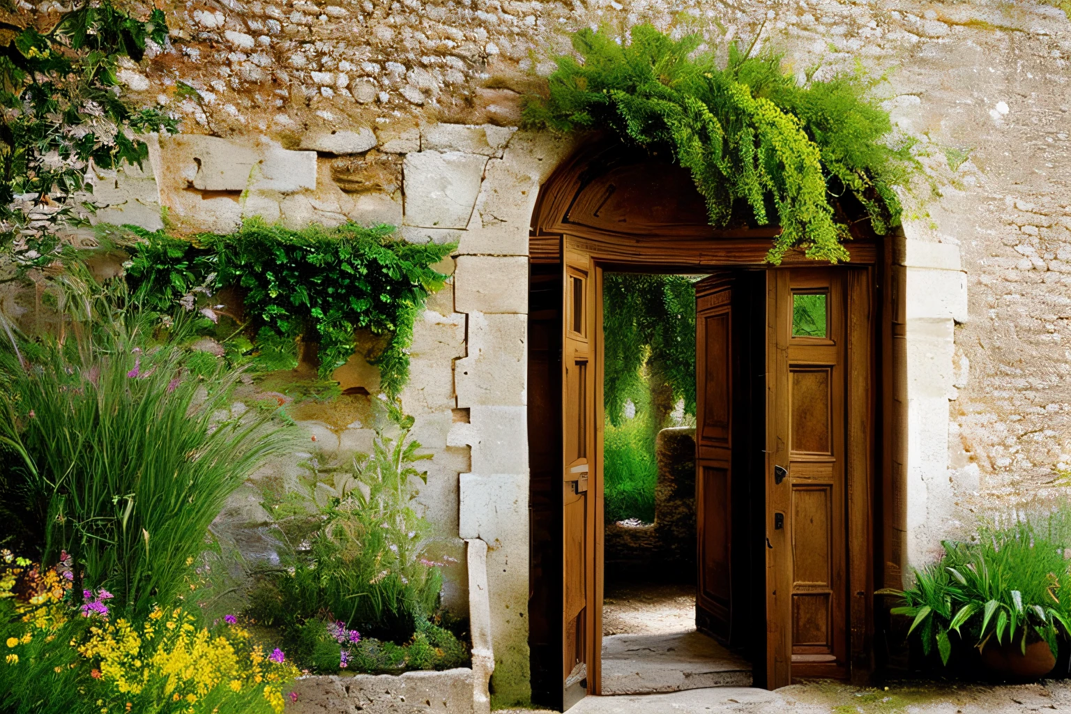 grotte, Eau, fleurs, , Gold forged door, la plus oeuvre du monde, plantes grimpantes, espace,