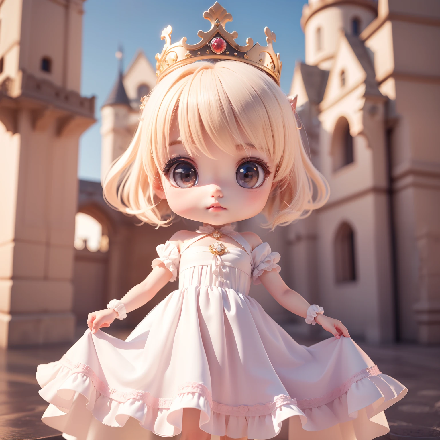 Cute Baby Chibi Anime、(((Chibi 3D))) (Best Quality), (masutepiece)、Pristine white dress with ethereal transparency,(pure), Princess Crown、Standing, (Curtsey:1.5), (Lightly lift the skirt of the long dress:1.3) 、Castle Ball、(tchibi:1.2),