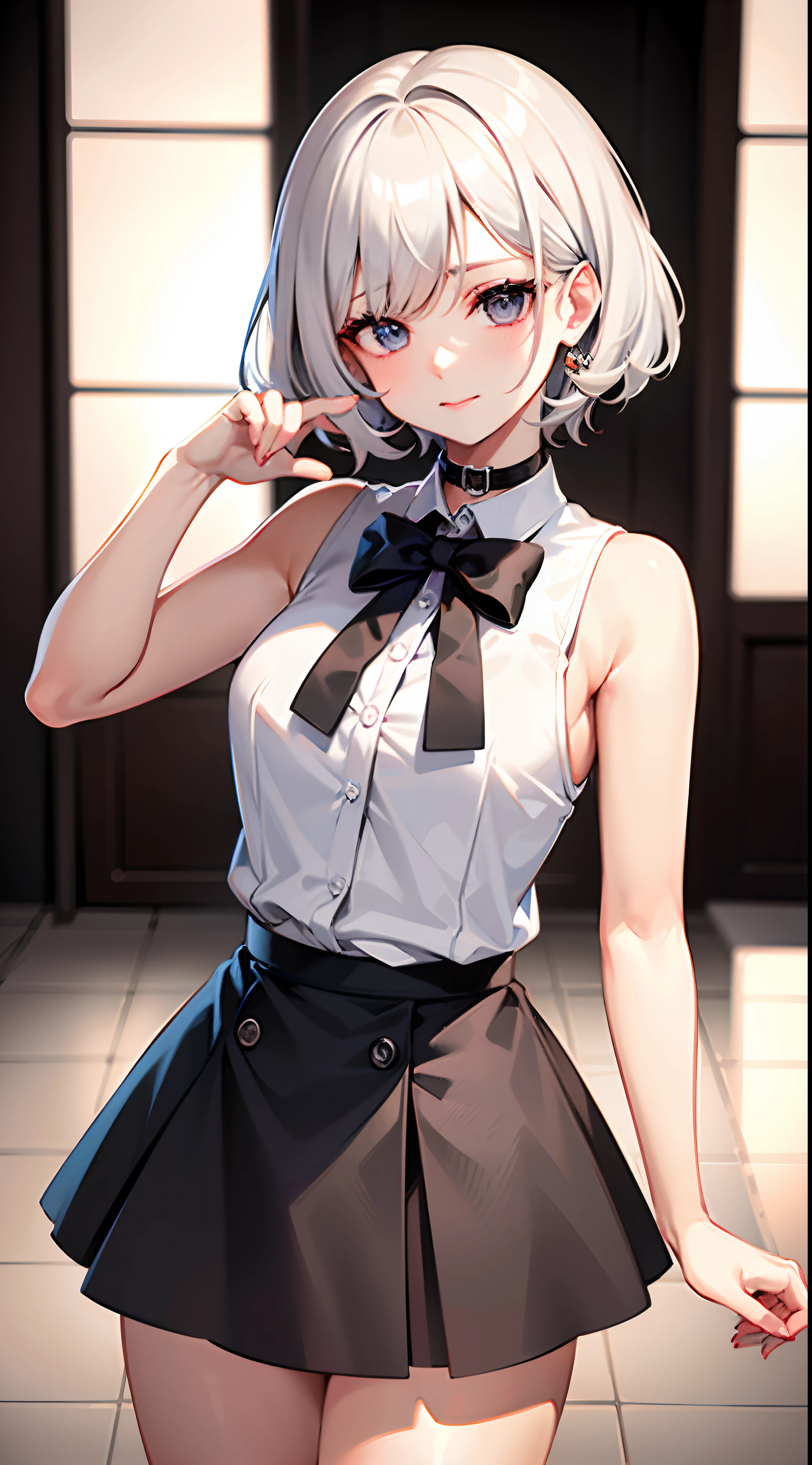 best quality, ultra high res, 1girl, sleeveless white button shirt, black skirt, black choker, cute, (Kpop idol), (aegyo sal:1), (platinum blonde hair:1), ((puffy eyes)), looking at viewer, full body, facing front