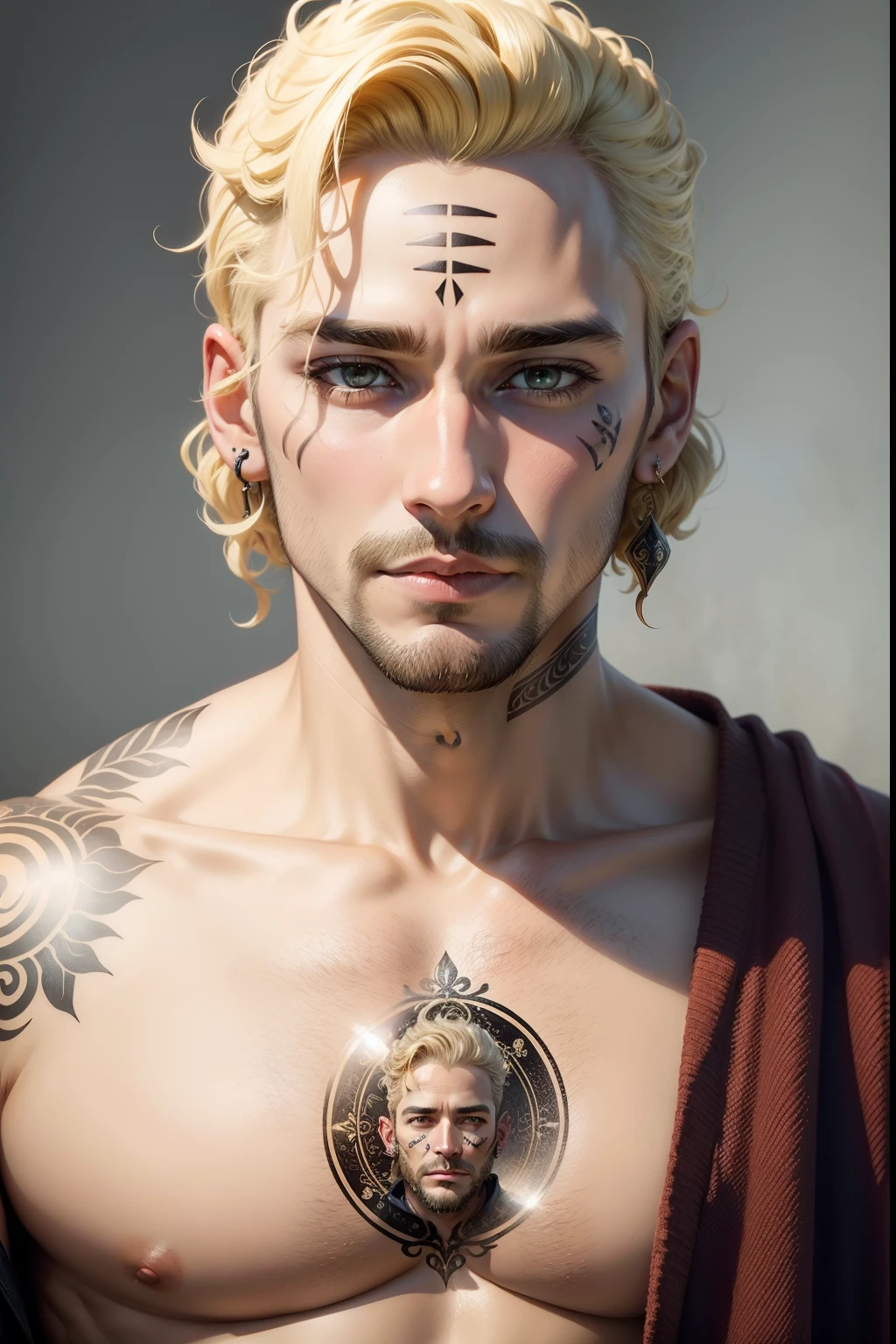 Male Adult (33 years old) Oval Face Tattoos, very creepy Short curly blonde hair, fantasy