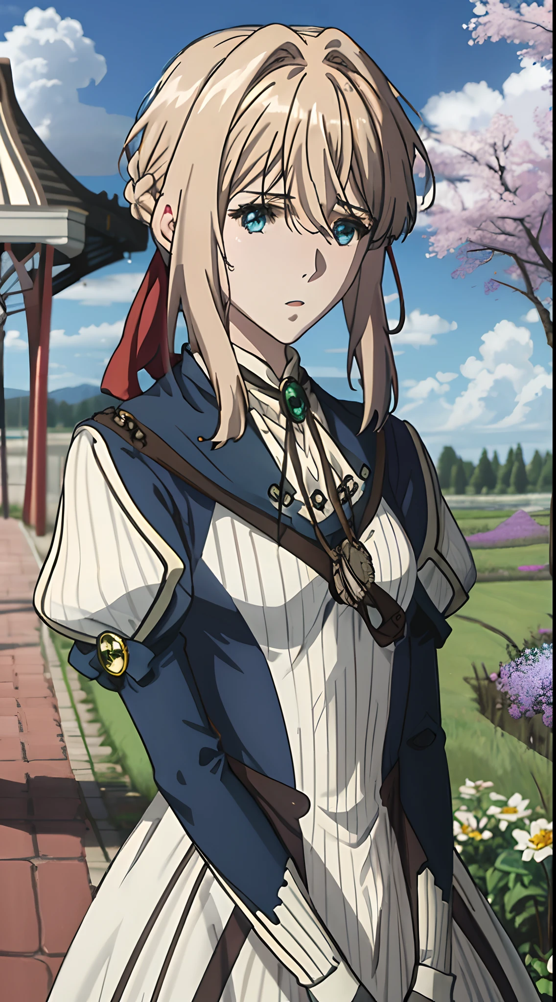 ((masutepiece)), ((Best Quality)), (Ultra-detailed), ((Extremely detailed)), 4K, (8K), Best Quality, (Beautiful), Focus on face0, s, 1girl in, Solo, ((Beautiful eyes))0, (Dynamic Angle: 1.3), Wind, Movie Highlight, Tindall Effect, 1 girl, Upper body, Arms up, look at the audience, extreme close - up, (((Violet Evergarden))), Solo, Jewelry, deadpan, brooches, Blonde_hair, ( Vevry Long Hair: 1.2), Messy_hair, Floating hairlong_sleeves, bow ribbon, Blue_Eyes, Jacket, Dress, gemstone, hair_ bow ribbon, skyporn, Depth_In the_field, flower field, Fluttering petals