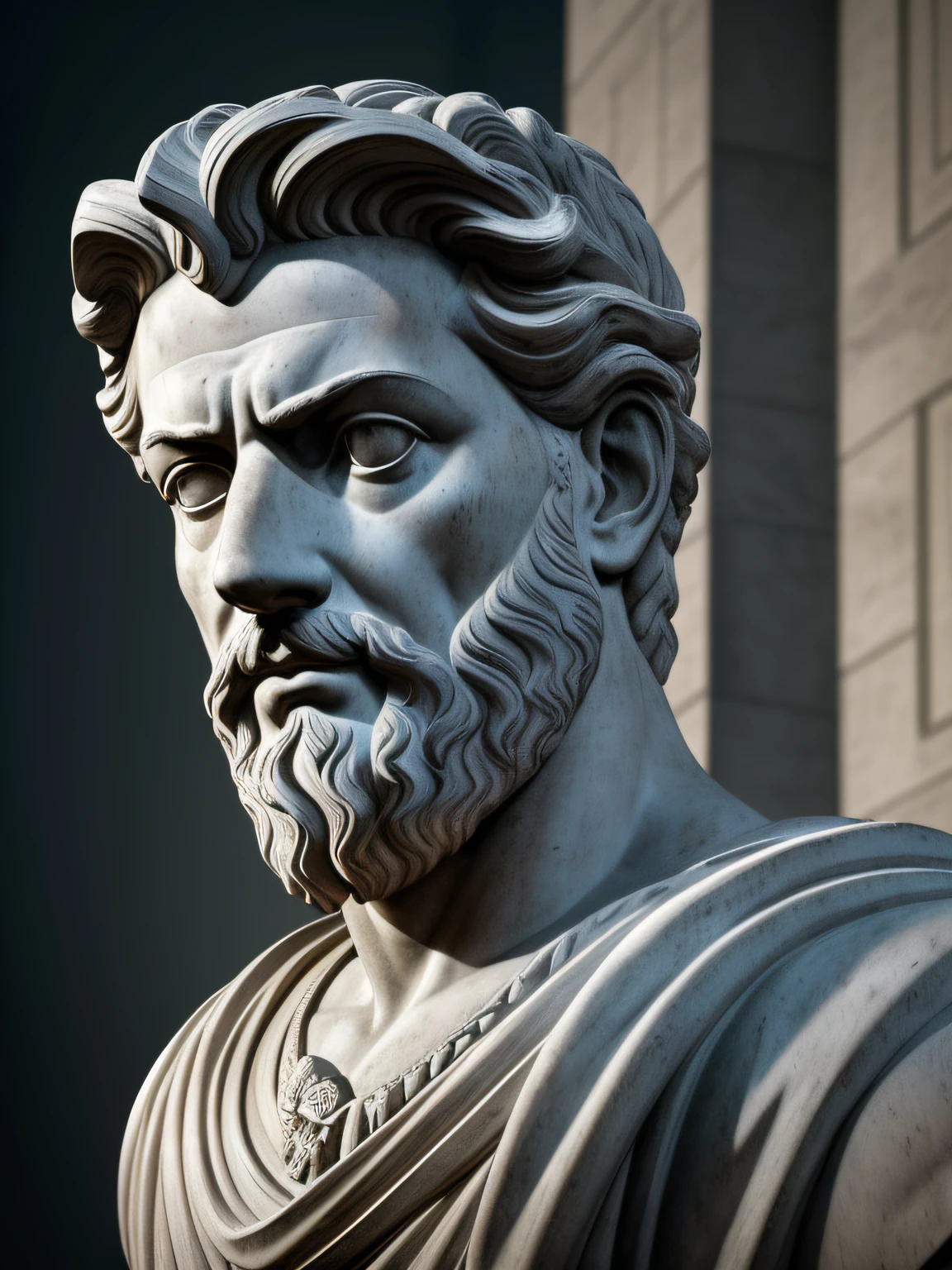 a statue of Marcus Aurelius, Imperador de Roma, Pose de autoridade e serena, trunk and head ( fundo escuro), Clint Cearley, Arnold render, a marble sculpture, (cinematografic:1.4), slate grey atmosphere, hiperdetalhada, tons suaves, detalhes insanos, baixo contraste,