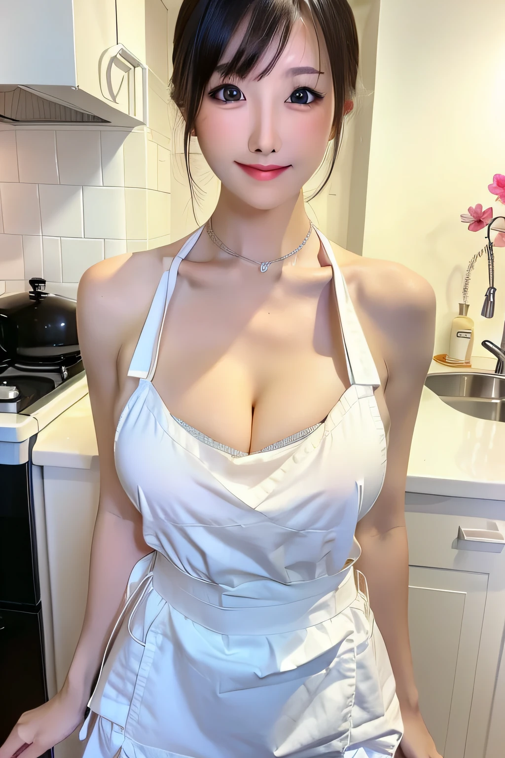 1 pretty girl，aprons，But nothing，white skinned，looking at viewert，Brown eyes，Realistis，at the kitchen，ssmile，low chest，huge tit