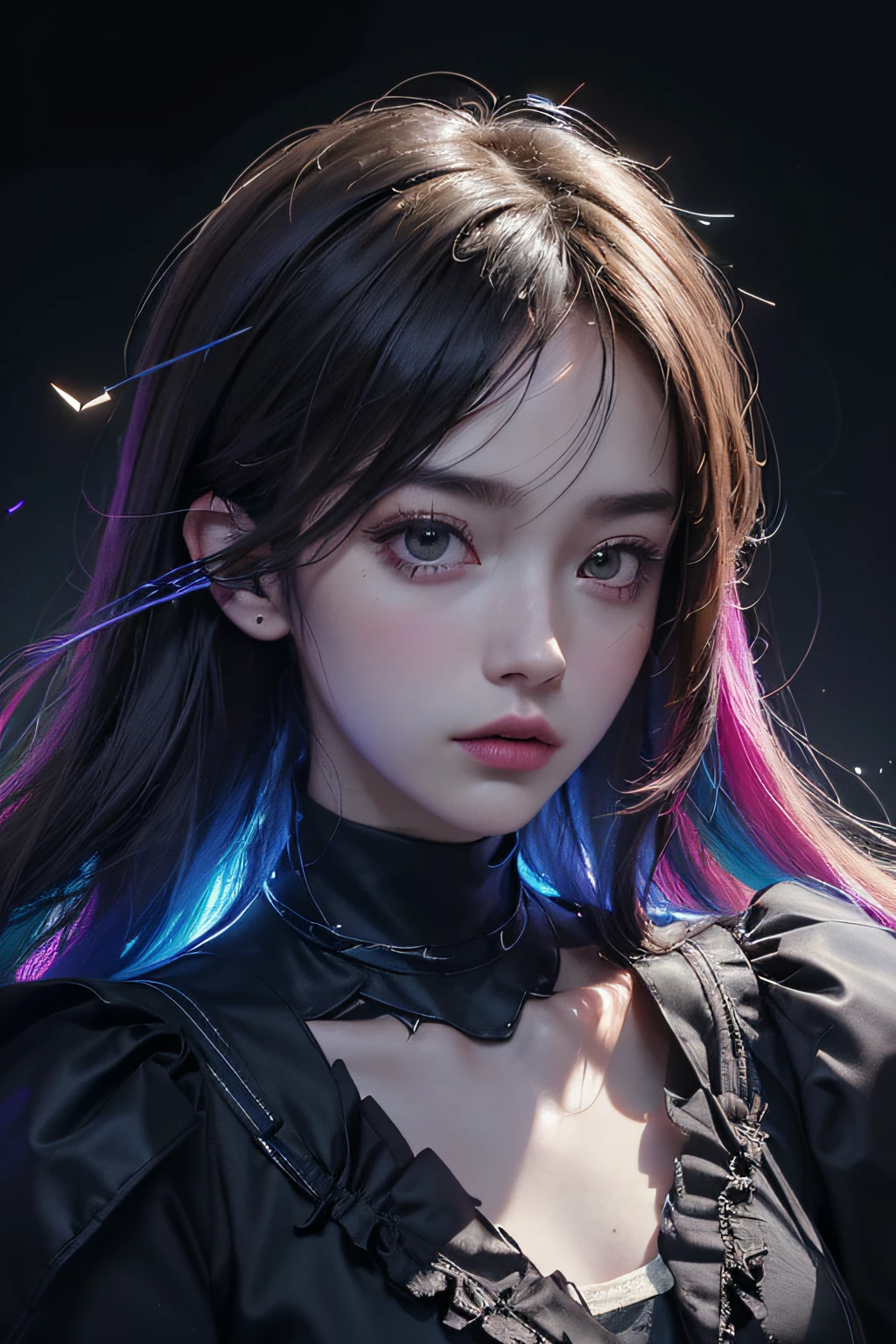 (front focus),(in the dark:1.6),
(masterpiece, top quality, best, official art, beautiful and aesthetic:1.2),(masterpiece, top quality, best quality, official art, beautiful and aesthetic:1.2),(masterpiece, top quality, best quality, official art, beautiful and aesthetic:1.2), 1girl, glitch art, (digital distortion), pixelated fragments, data corruption,colorful noise, visual chaos,contemporary aesthetics