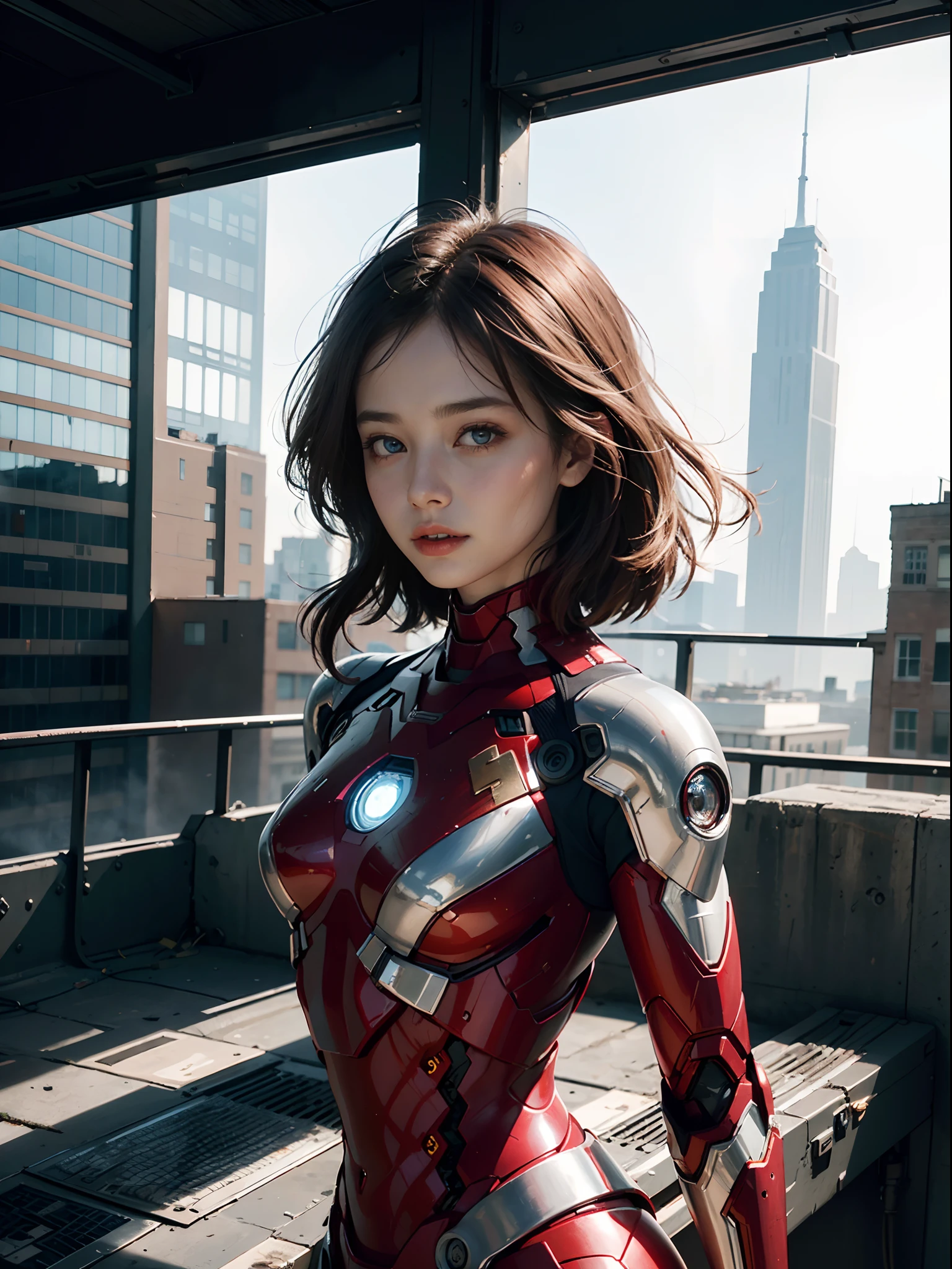 (1girl in:1.3), Solo, __body-parts__, Official art, Unified 8K Wallpaper, super detailed, Beautiful and aesthetic, Beautiful, masutepiece, Best Quality, raw, masutepiece, Super Fine Photo,, Best Quality, 超A high resolution, photographrealistic, Sunlight, Full body portrait, Front image, Amazing beauty,, Dynamic Pose, Delicate face, Vibrant eyes, (viewed from the side), she is wearing a futuristic Iron Man mech, Red and gold color scheme, Very detailed abandoned warehouse background, Detailed face, Detailed complex busy background, Messy, Gorgeous, Milky White, highly detailedskin, Realistic skin details, Visible Pore, Sharp Focus, Volumetric fog, Large chest, 8K UHD, dslr camera, High quality, Film grain, Fair skin, photorealisim, Lomography, A dystopian megacity of the future, Seen from below, translucent
