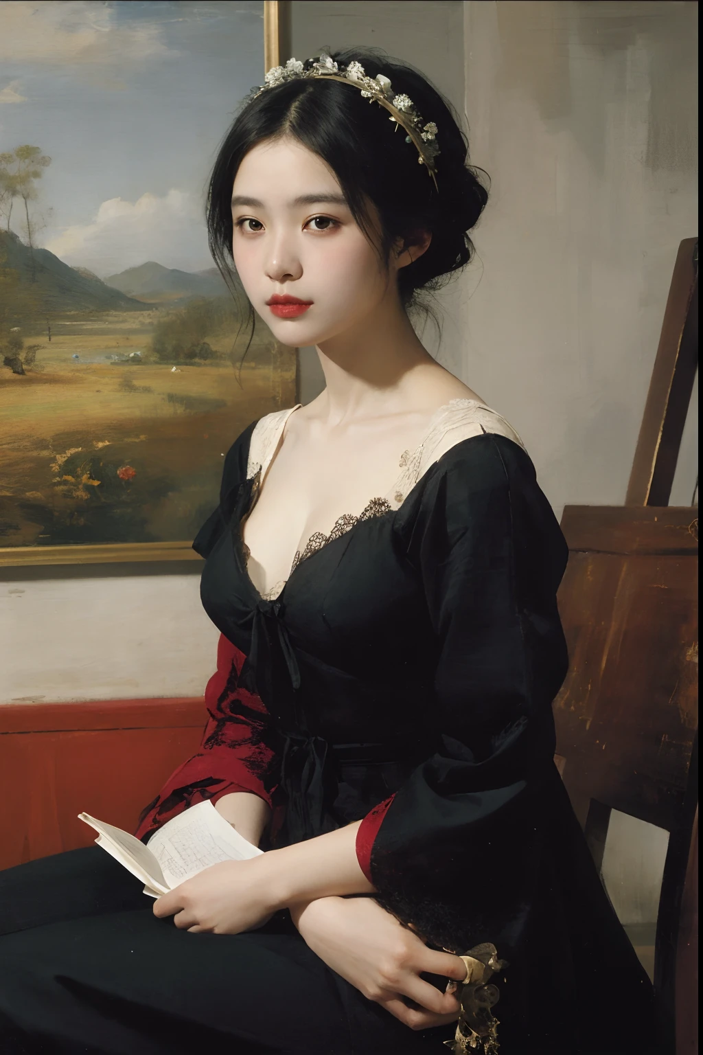 (Oil painting: 1.5),
\\
A woman with long black hair and white flowers in her hair sits in front of a Chinese landscape painting, red dress (Amy Saul: 0.248), (Stanley Ateg Liu: 0.106), (a detailed painting: 0.353), (Gothic art: 0.106)