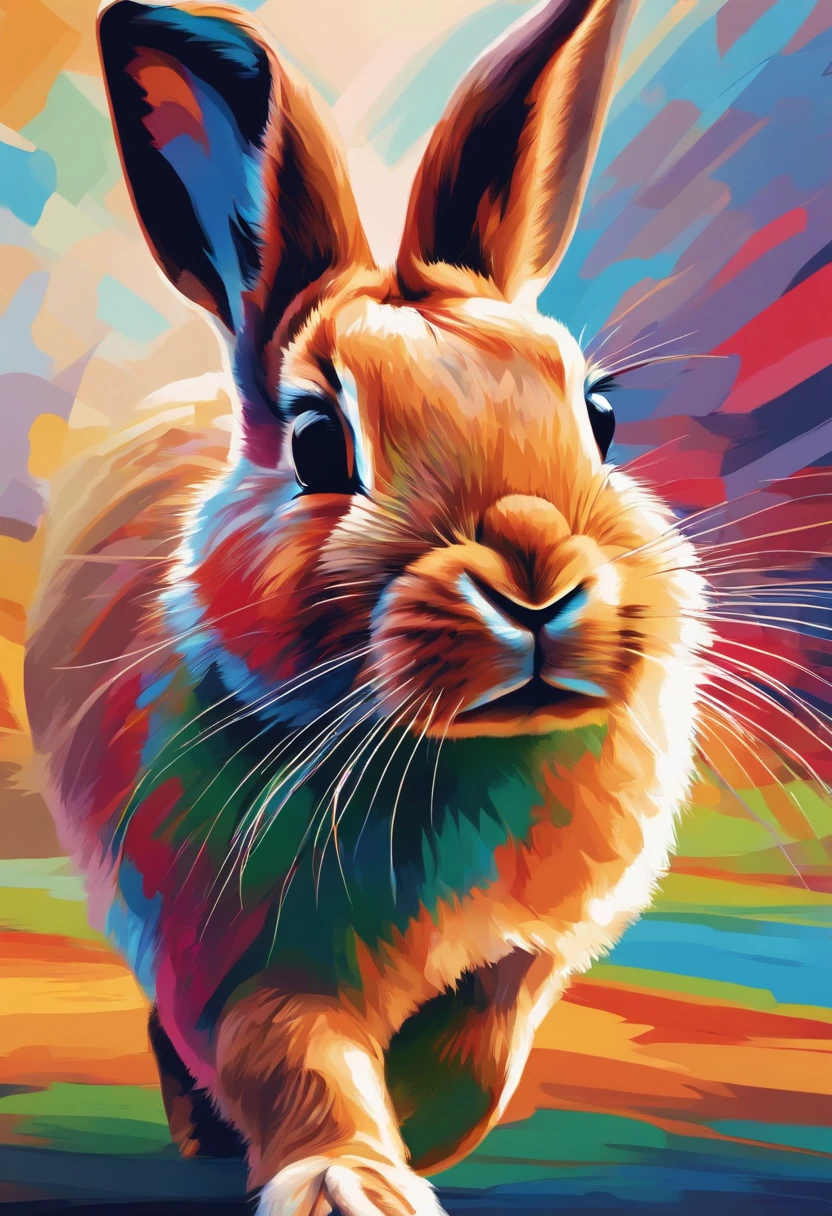 Close up of running rabbit on colorful background, Digital Rabbit, highly detailed Vector art, jen bartel, Impressive art style, Vector art style, adobe illustrator art, art of alessandro pautasso, HD Vector Art, Hareful, Multicolor vector art, full color illustration, Beautiful UHD 4K Art, Vivid high-contrast colors, Cute bunny