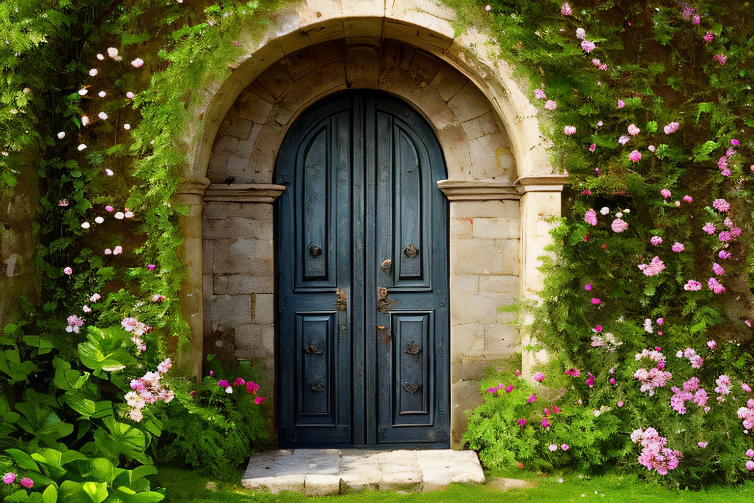 grotte, Eau, fleurs, , Gold forged door,  la plus oeuvre du monde, plantes grimpantes, espace,