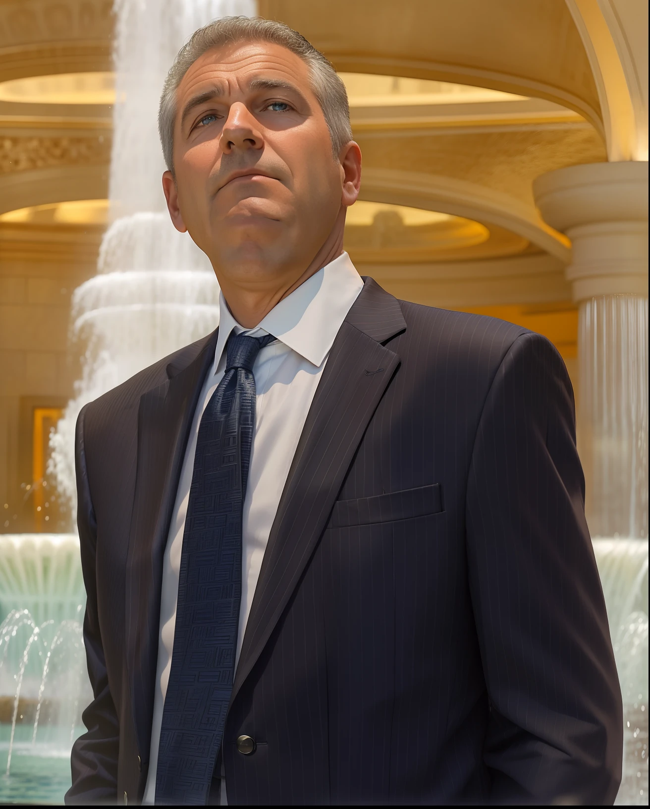 arafed man in a suit and tie standing in front of a fountain, taken in the early 2020s, greg rutkowsi, ted nasmit, greg rutwoski, photo from 2022, photo of a 50-year-old white man, greg rukowski, looking to his left, greg rutkovsky