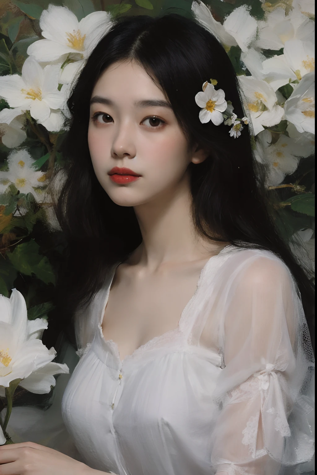 (painting:1.5),
\\
One with black hair、Woman with white flowers in her hair lies in a field of white flowers, (Amy Saul:0.248), (Liu Stanley:0.106), (a detailed painting:0.353), (gothic art:0.106)