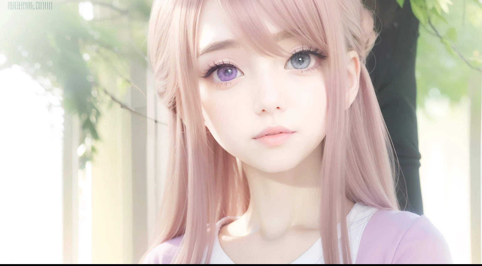 Details, 1girl, Peach hair, Purple eyes, Pink Clothes,