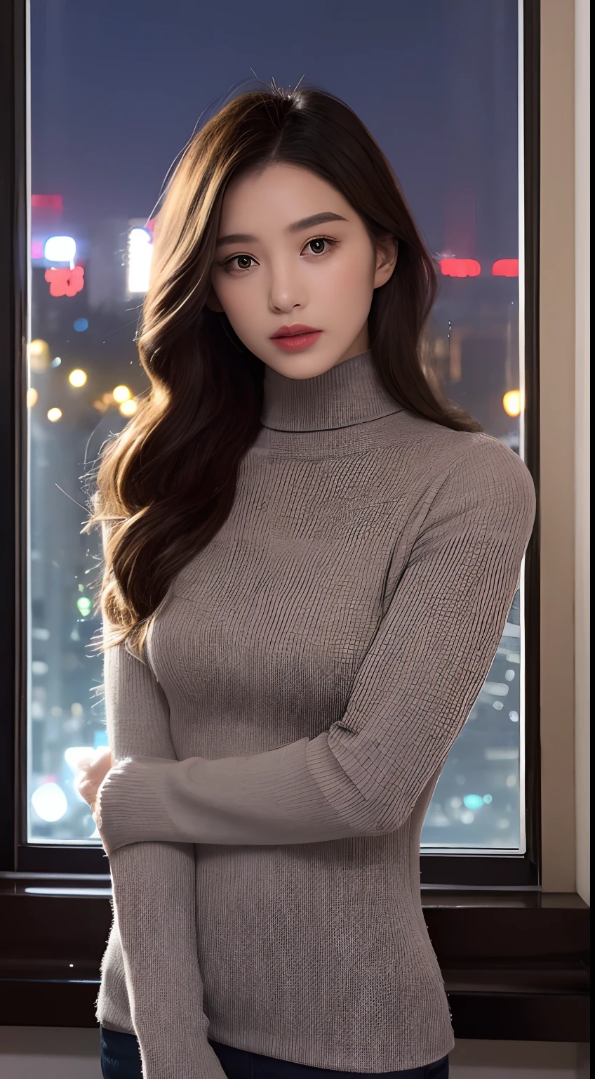 (Best Quality, 4K, masutepiece: 1.3), Beautiful Asian Woman,25-years old、Hyper-realistic,、1girl in, (thin waist:1.1),hyperdetailed face,(Detailed lips), Detailed eyes,二重まぶた, Open neckline,Sexy face、(Sexy Vampire)、Front Pose,A slender、(Turtleneck sweater、JINS:1.5)、light brown hair、Side Up、