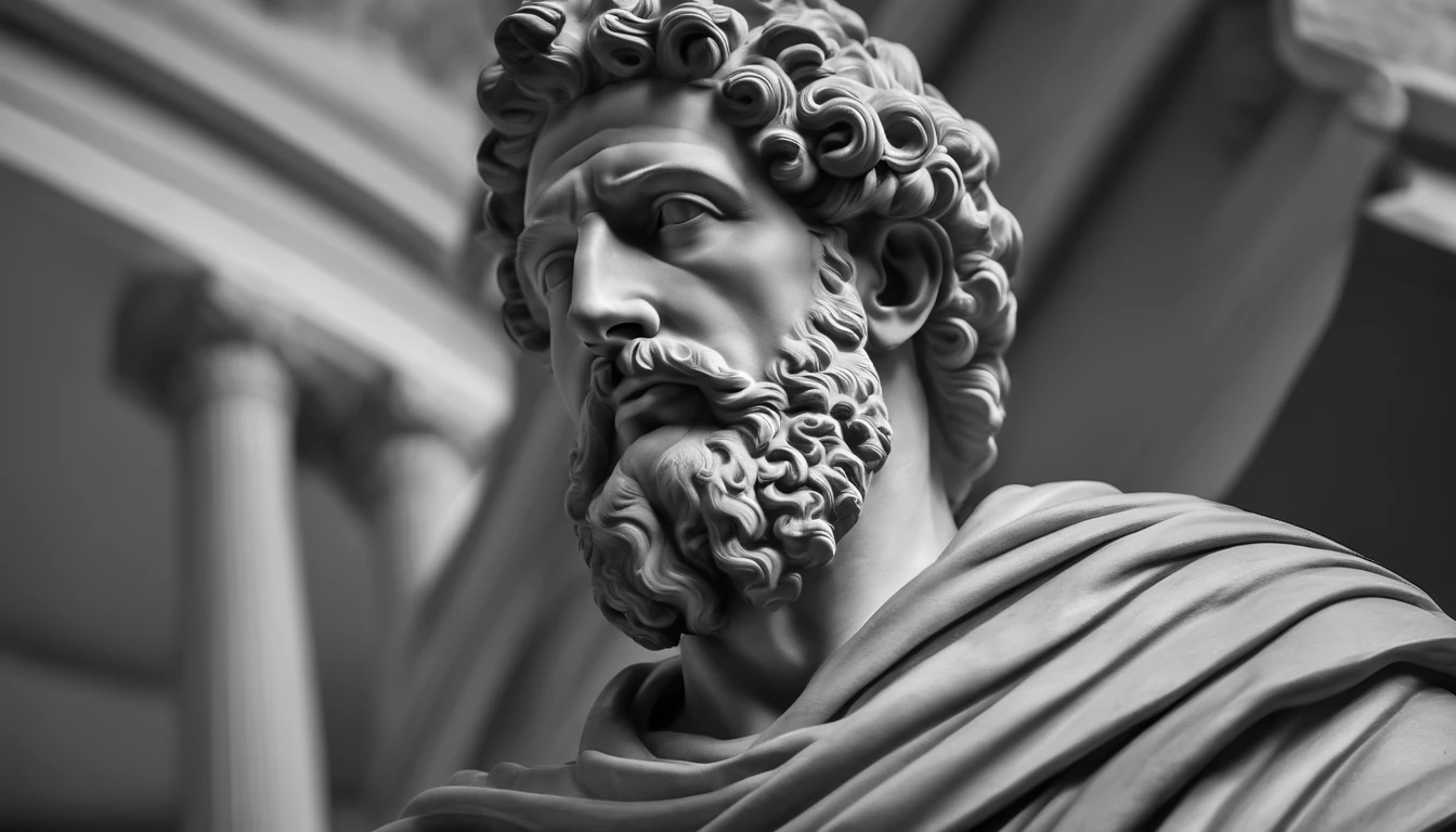 a portrait statue of the stoic Marcus Aurelius in black and white 4K,Face de lado, papel de parede super realista