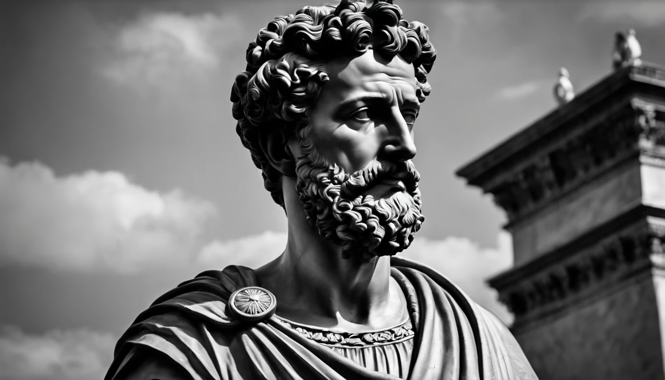 a portrait statue of the stoic Marcus Aurelius in black and white 4K,Face de lado, papel de parede super realista