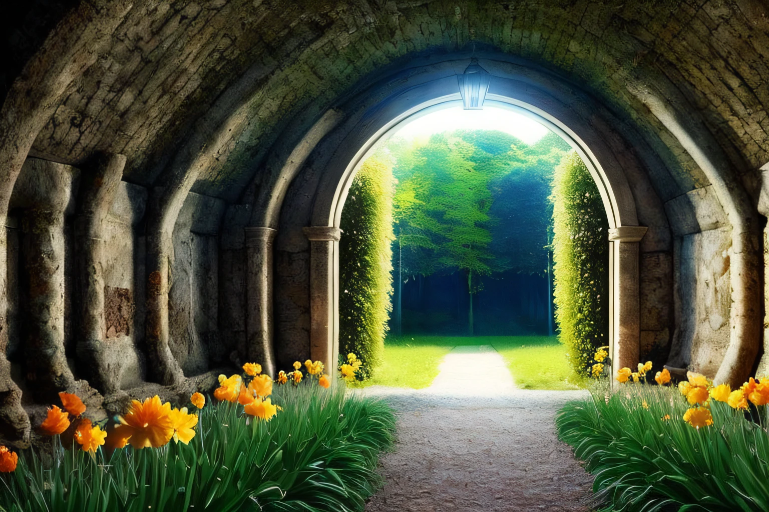 grotte, Eau, fleurs, , Gold forged door, la plus oeuvre du monde, plantes grimpantes, espace,