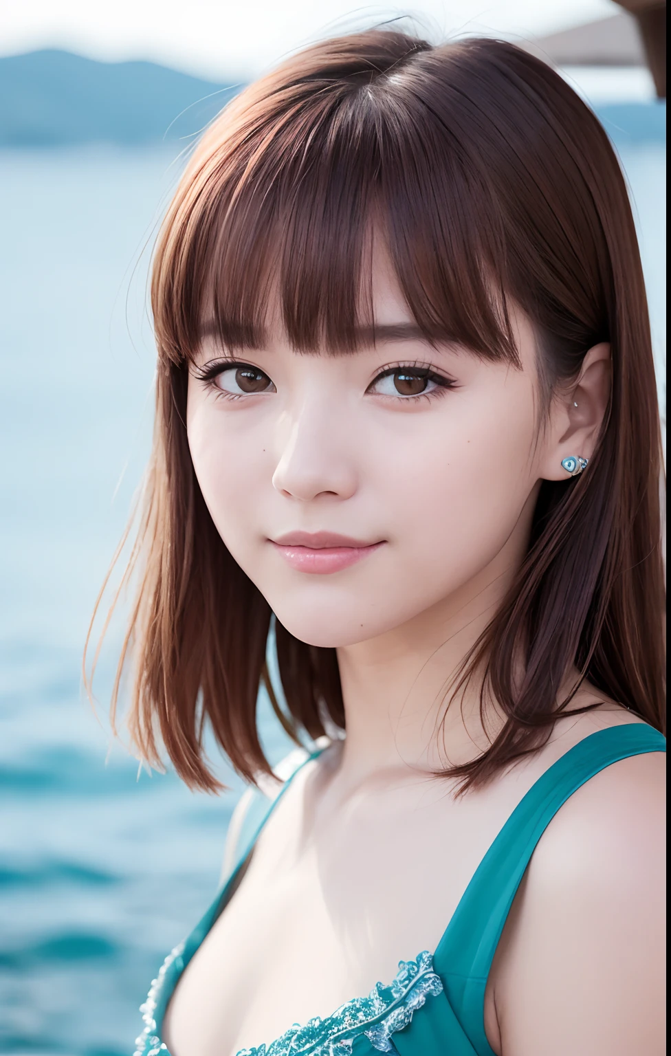Best Quality, masutepiece, Ultra High Resolution, (Film grain: 1.4), digital photo, Bangs, Film Lighting, (Fuji colors: 1.2) Portrait,, 1 girl, Solo, Facing the audience, Smiling, (Face Close-up), Clear pores, gaze at the audience, sea the background of (Realistic: 1.2)