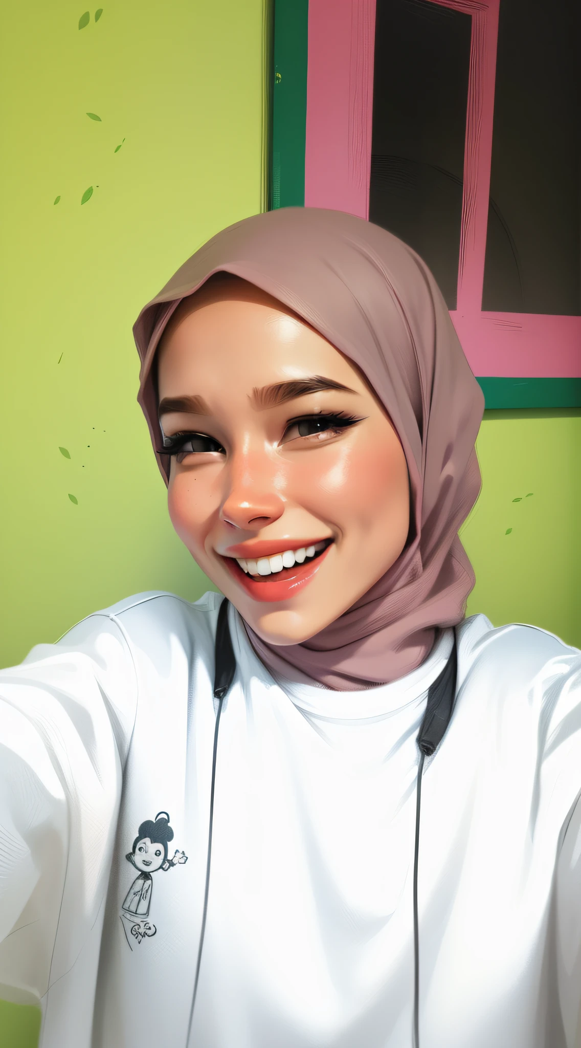A girl, wearing pink hijab, smile , Mouth closed , White shirt,(best quality:1.3), (highres:1), (detailed:1.3), (incredible:1.3), (perfect:1.3), (perfection:1.3), (volume cover art:0), (illustration:1.3), art by Disney Pixar