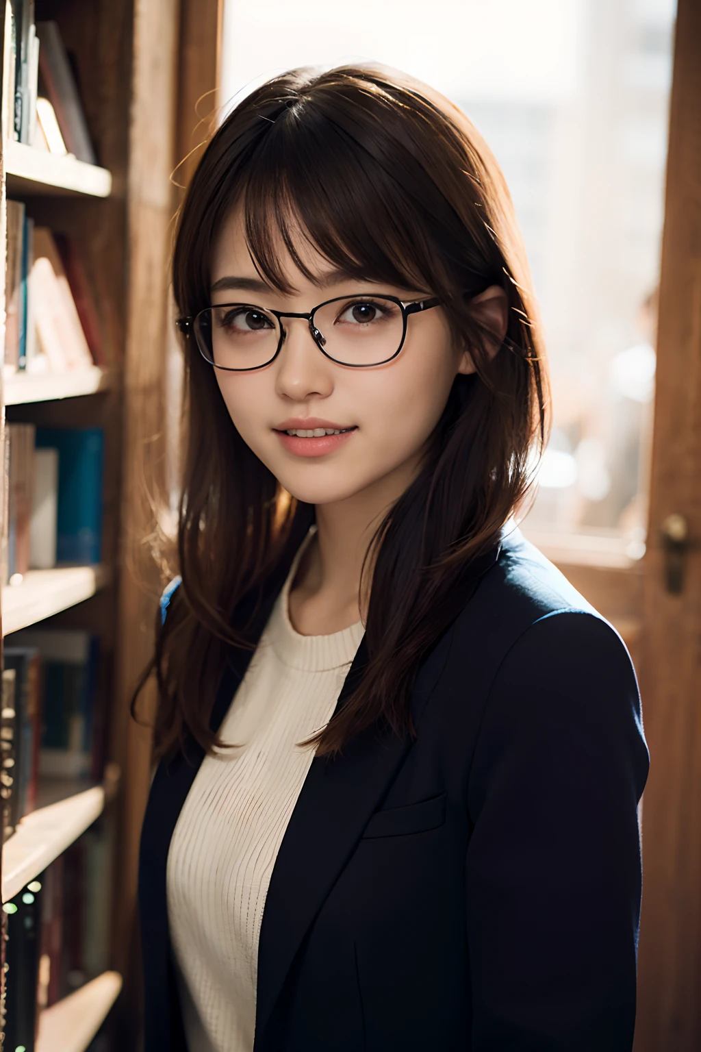 (8K、Raw photography、top-quality、​masterpiece:1.2)、(realisitic、Photorealsitic:1.37)、ultra-detailliert、超A high resolution、女の子 1 人、18year old、see the beholder、beautifull detailed face、A smile with a little visible teeth、Constriction、(Slim waist) :1.3)、Blazer、Beautiful detailed skin、Skin Texture、Floating hair、Hair bunched into one、large breasts with good shape、Professional Lighting、Autumn twilight、book library、(((Black square glasses )))、Whole human body、Black hair、((Shameful appearance))、Accept books、