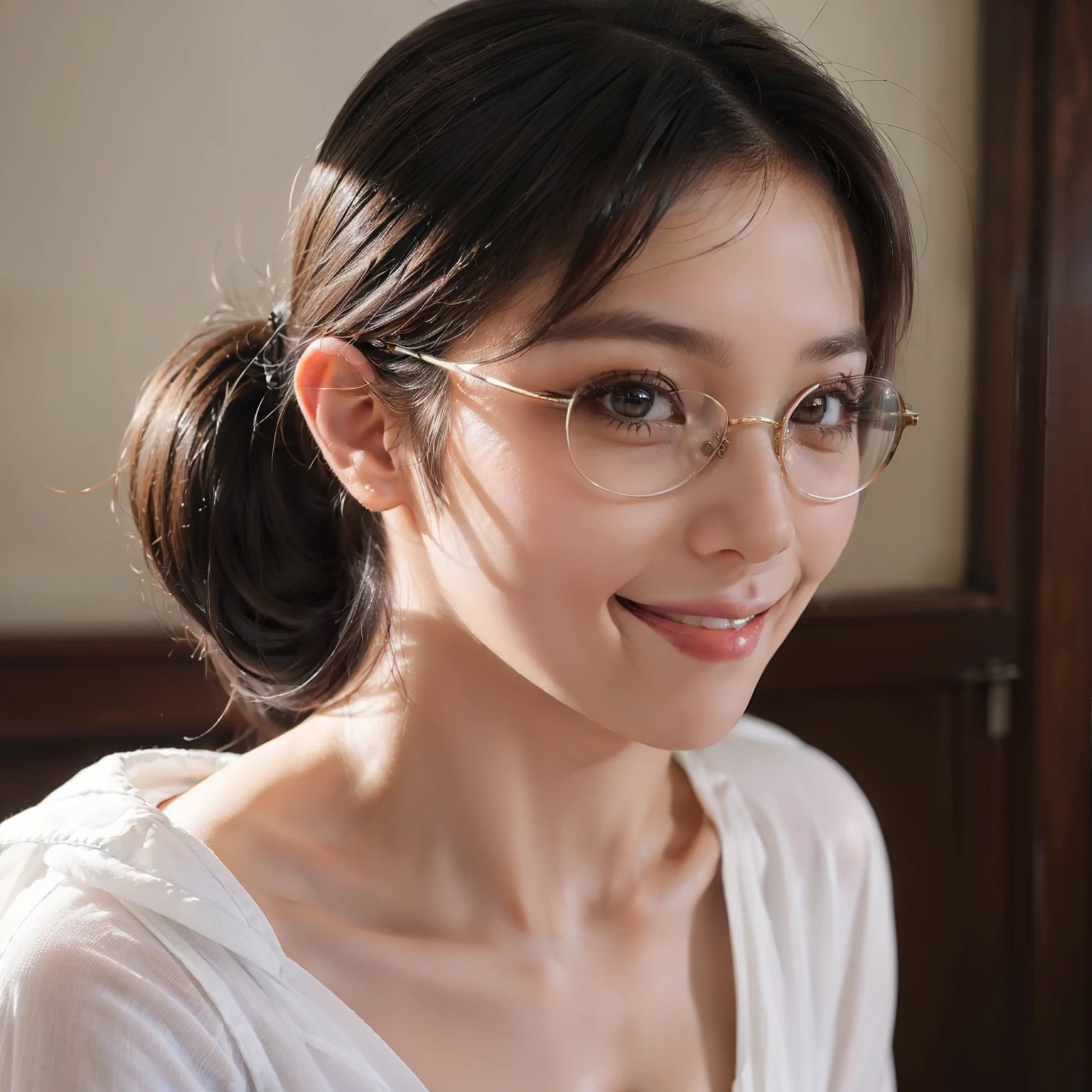 (A slight smil:1.5)、(a beauty girl:1.4)、poneyTail、eye glass、Glasses woman、Super masterpiece、8k、