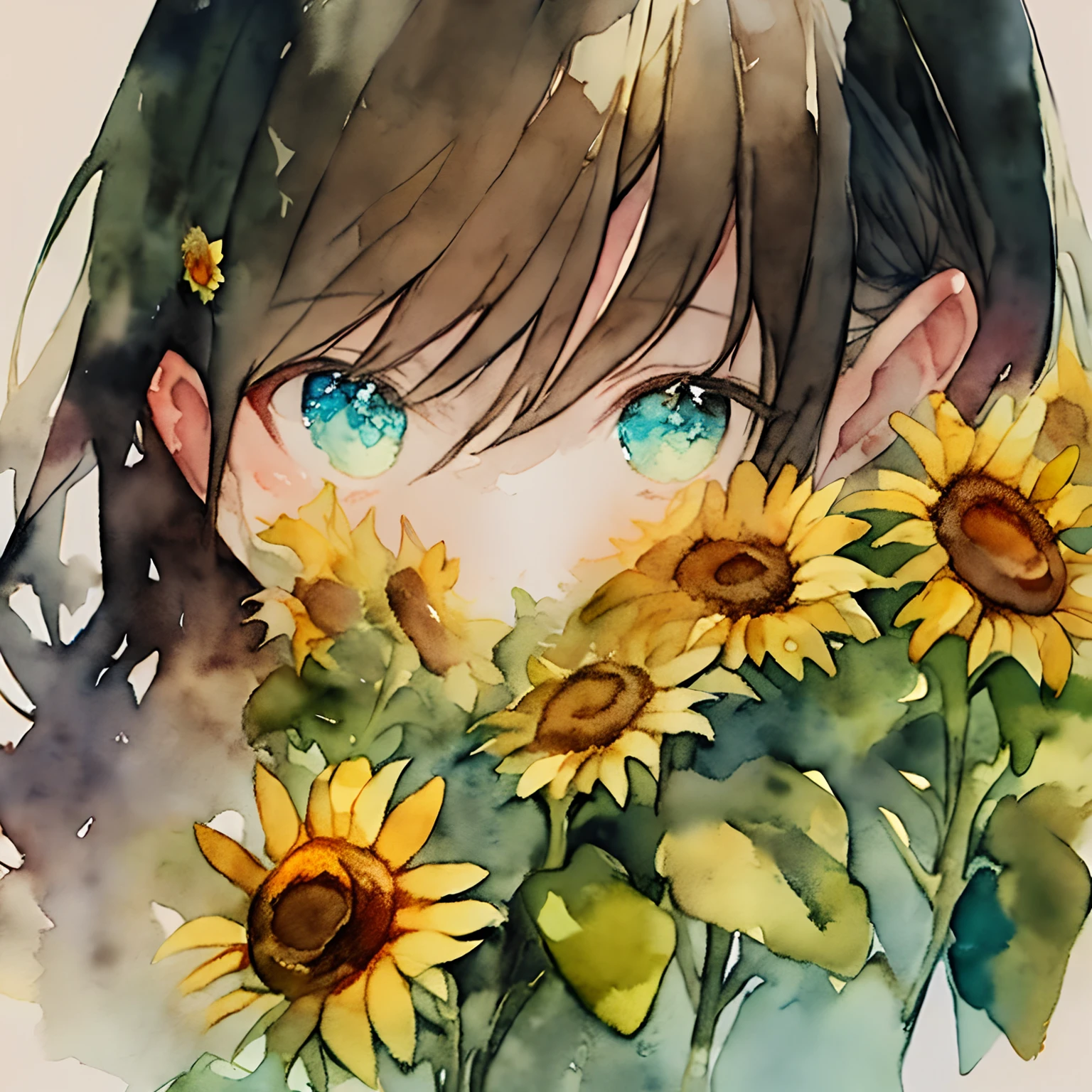 (watercolor:1.2),1girl, solo, flower, sunflower,freckles, portrait, leaf, bangs, signature, yellow flower, brown hair, long hair, green eyes, hair between eyes, flower earrings
