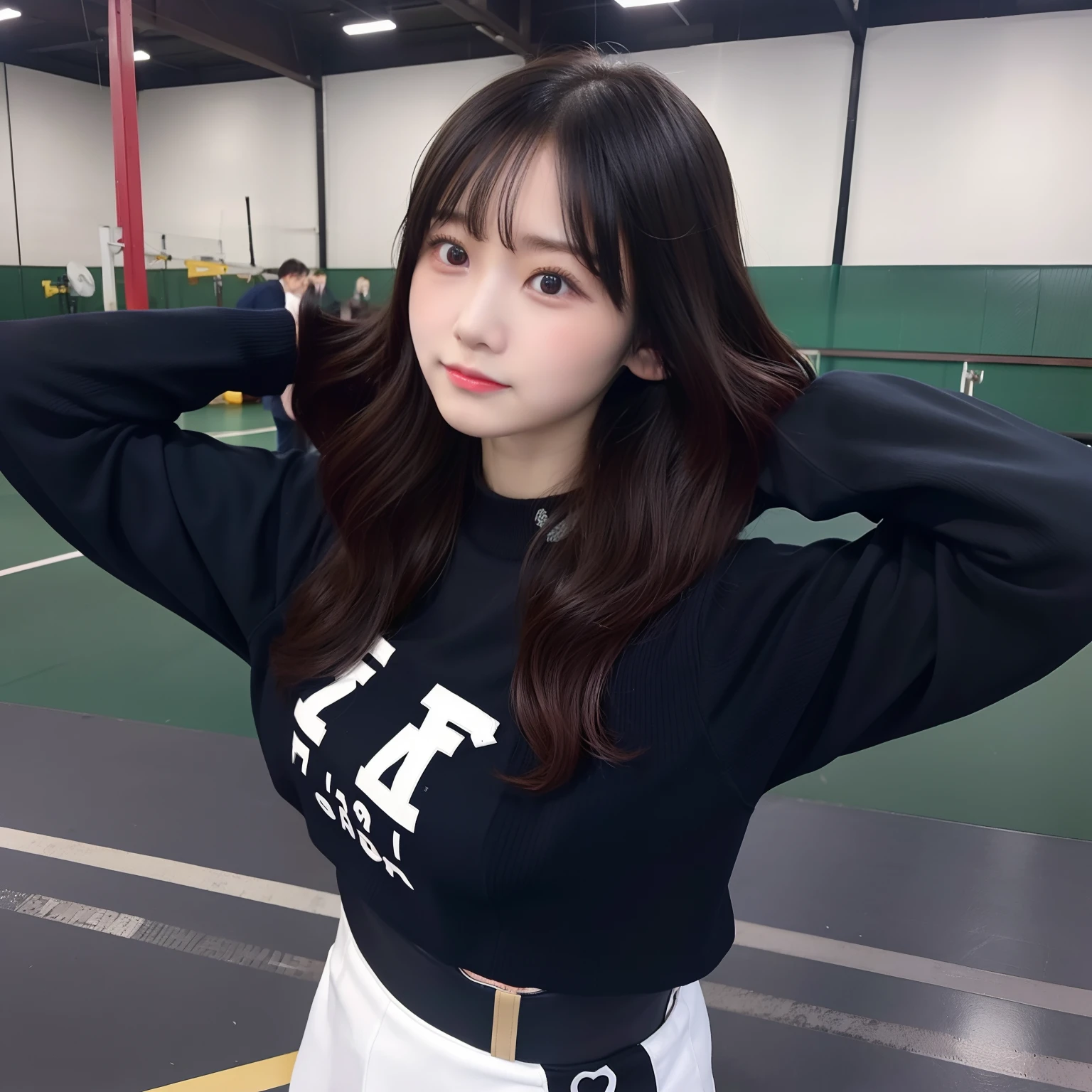 A Japanese Lady。hi-school girl。sixteen years old。JK2。Eros。huge tit。Lori。a baby face。Wearing tight gym clothes。The background is a gymnasium warehouse。on the mat。Straight medium hair。Black hair color。Smooth skin。high-level image quality。