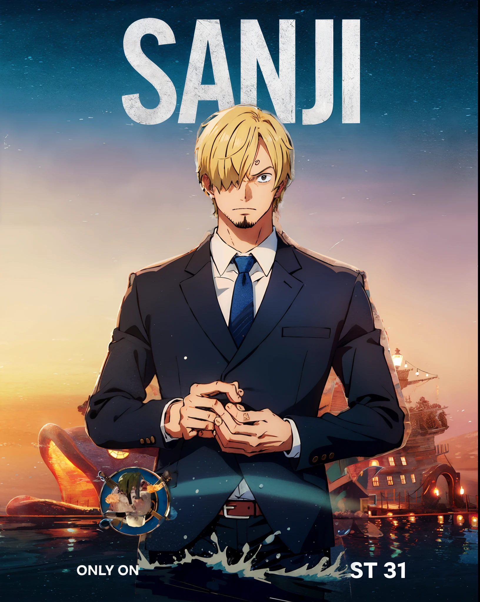 masterpiece, best quality, sanji2, 1man,(blond hair:1.2), hair_over_one_eye, eyeblow, (muscled:1.2),suit, white blue stripes shirts, necktie, black jacket, facial hair,(looking at viewer:1.2), perfectly drawn fingers,detailed hands and fingers,cowboy shot,day,ocean,blue sky,cloud, beach,water,outdoors,