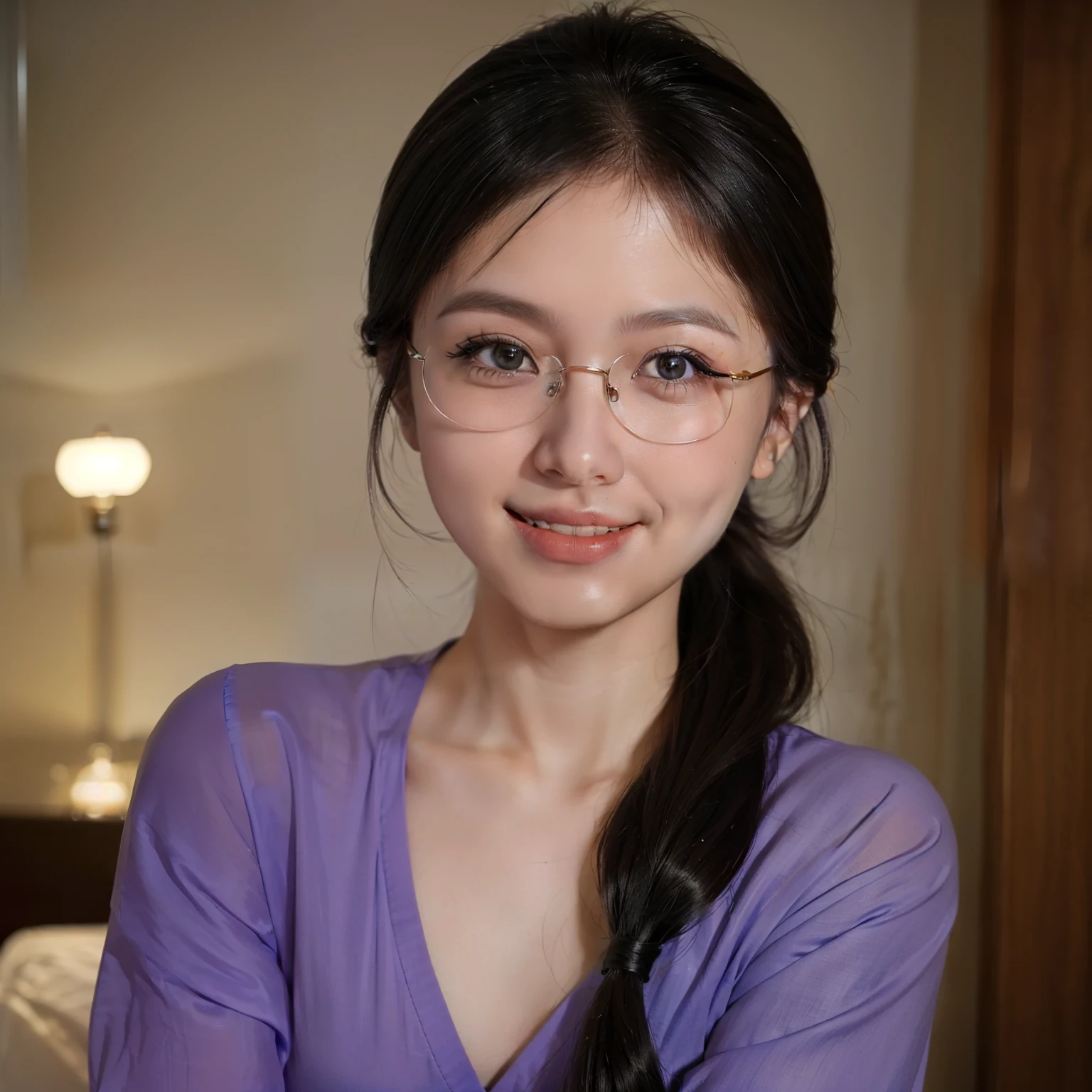 (A slight smil:1.5)、(a beauty girl:1.4)、poneyTail、eye glass、Glasses woman、Super masterpiece、8k、
