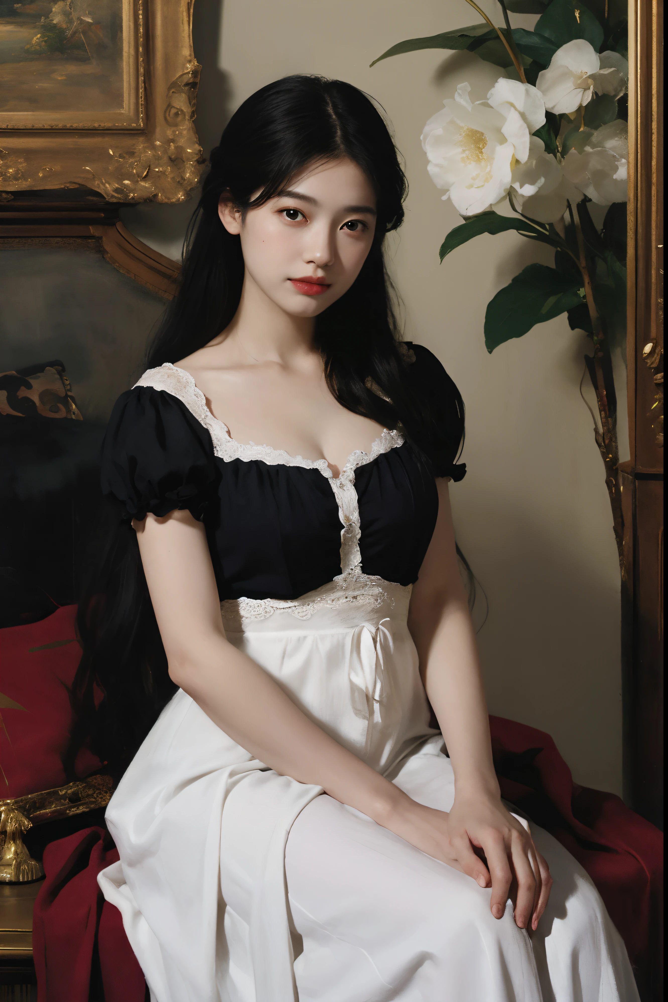 (Oil painting: 1.5),
\\
A woman with long black hair and white flowers in her hair sitting under a red peony flower, a white dress (Amy Saul: 0.248), (Stanley Ategg Liu: 0.106), (a detailed painting: 0.353), (Gothic art: 0.106)