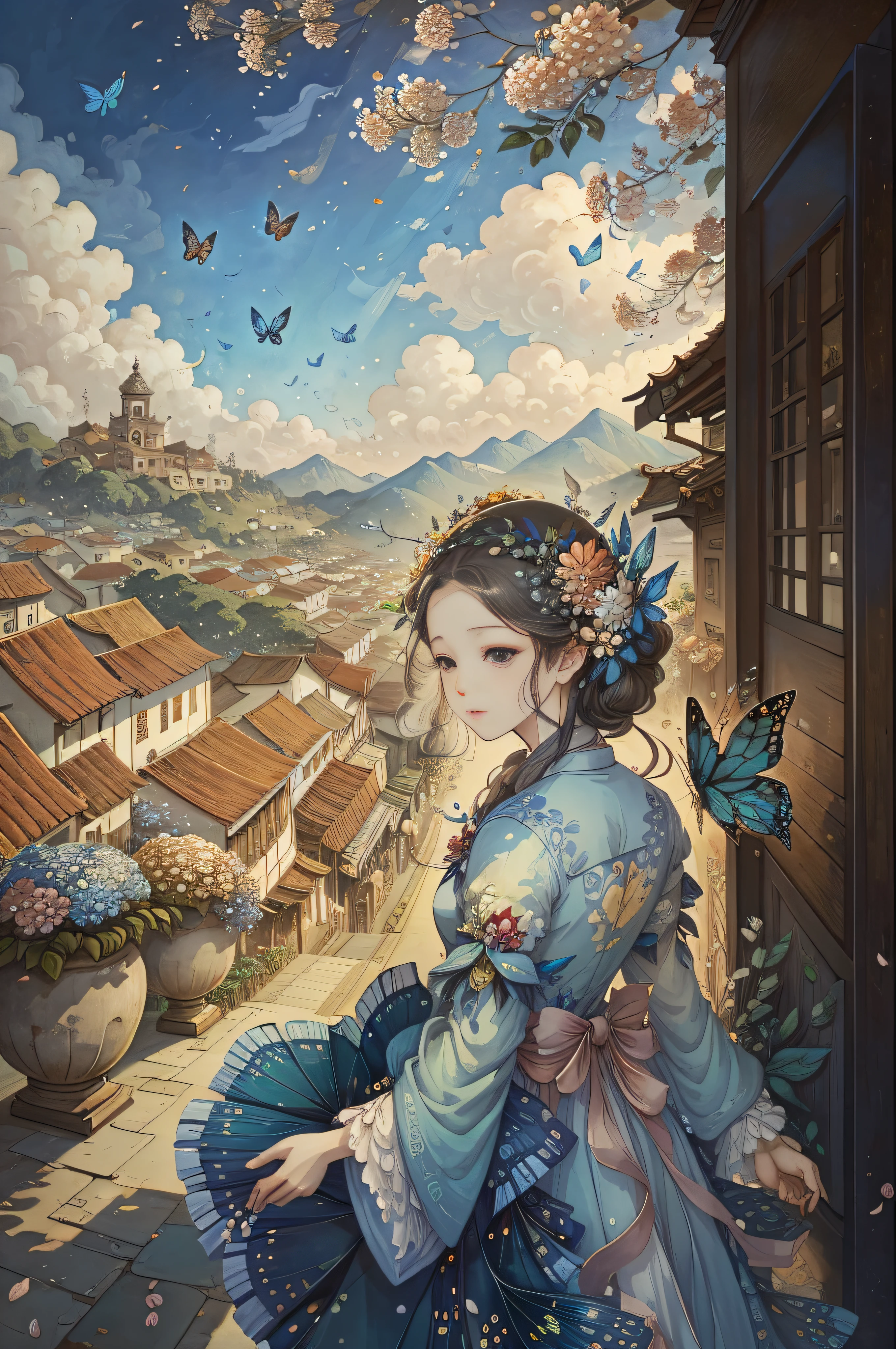 James Jane（James Jean）Painterly，cabelos preto e longos、doress、Flowers and leaves are worn on the head、Old townscape in the background、Many flying butterflies、coloured butterflies