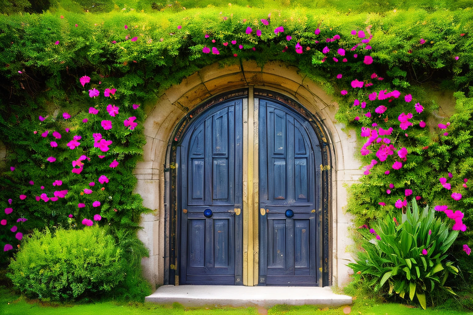 grotte, Eau, fleurs, , Gold forged door, la plus oeuvre du monde, plantes grimpantes, espace,