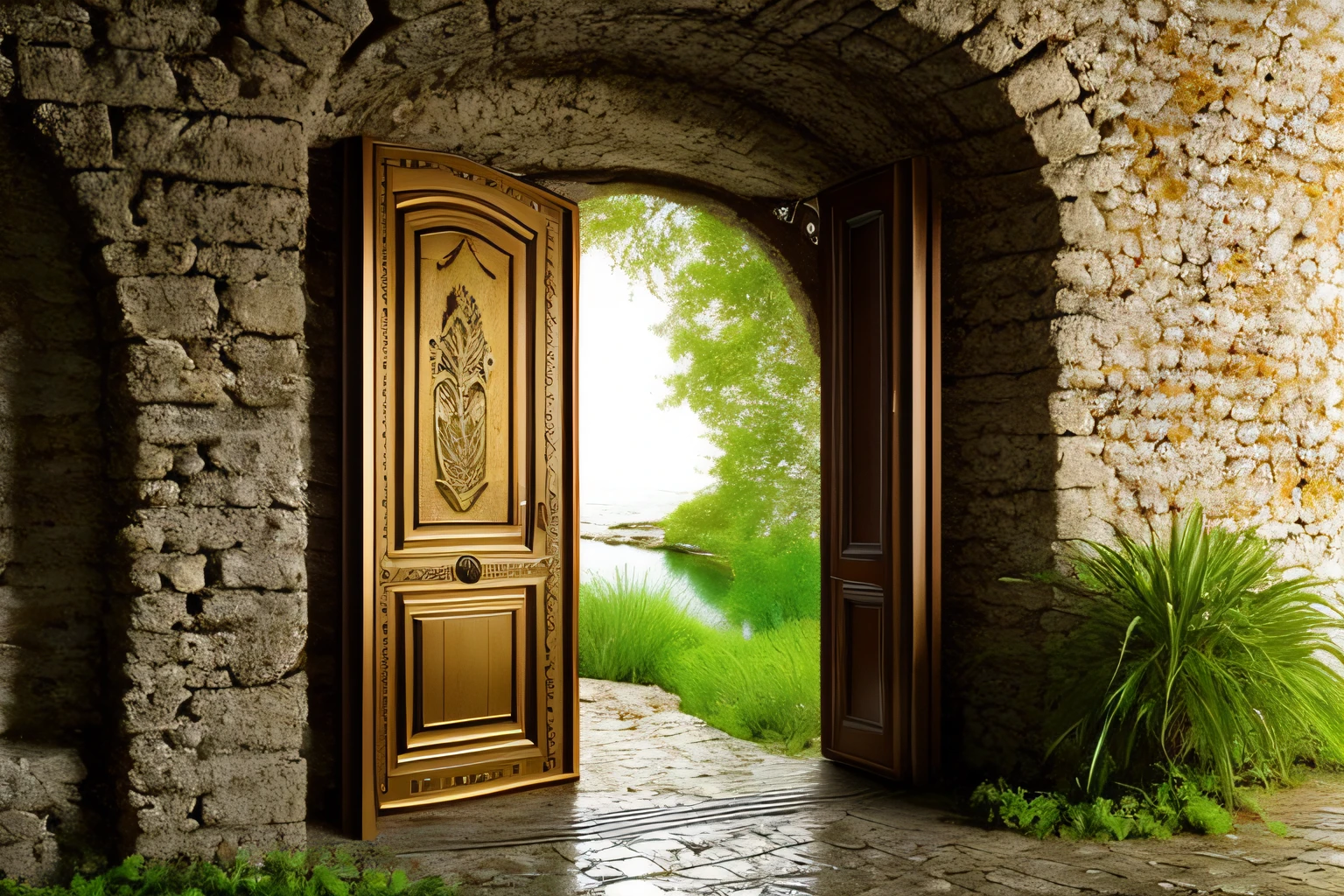 grotte, Eau, fleurs, , Gold forged door, la plus oeuvre du monde, plantes grimpantes, espace,