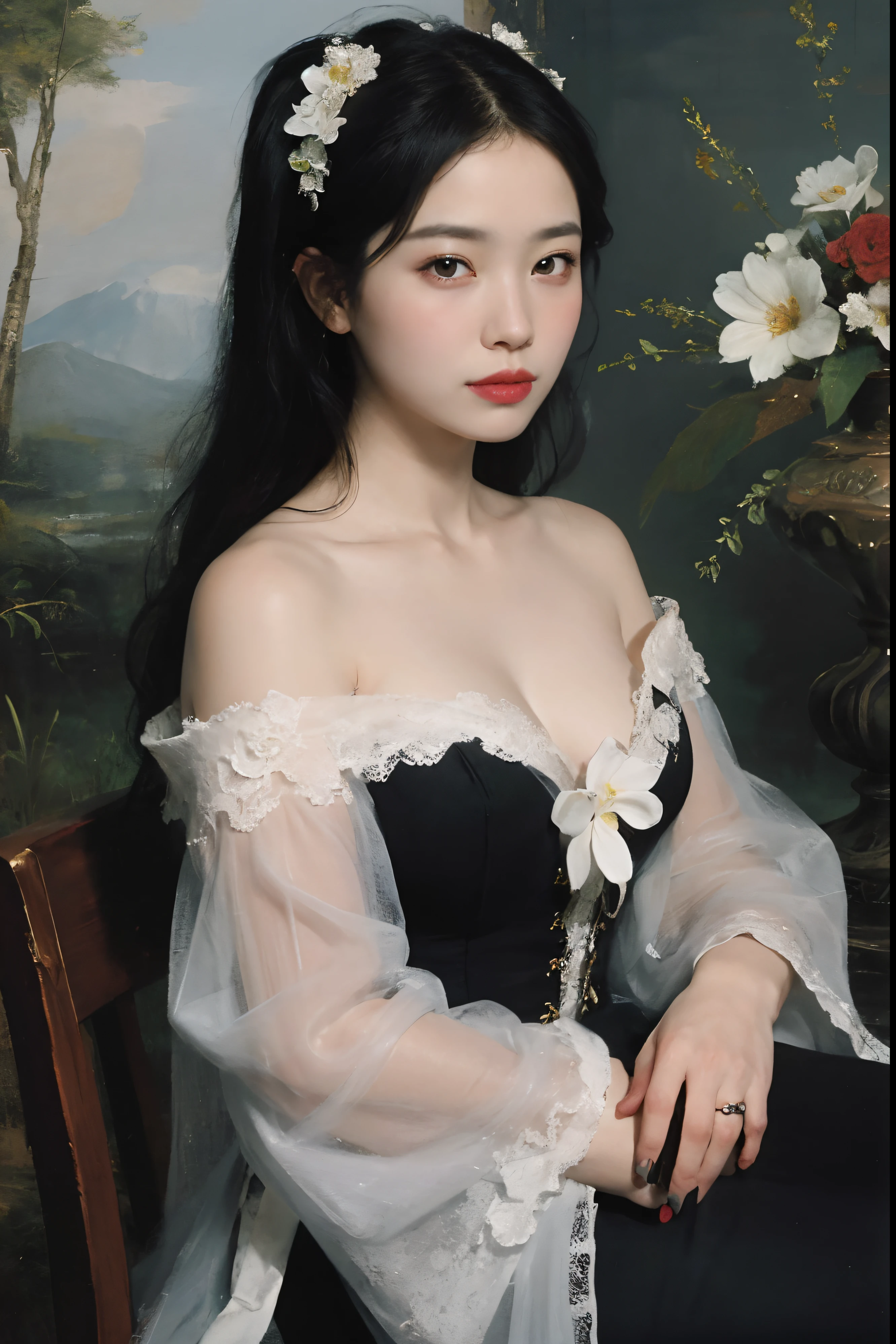 (Oil painting: 1.5),
\\
A woman with long black hair and white flowers in her hair sits in front of a Chinese landscape painting, black dress (Amy Saul: 0.248), (Stanley Ateg Liu: 0.106), (a detailed painting: 0.353), (Gothic art: 0.106)