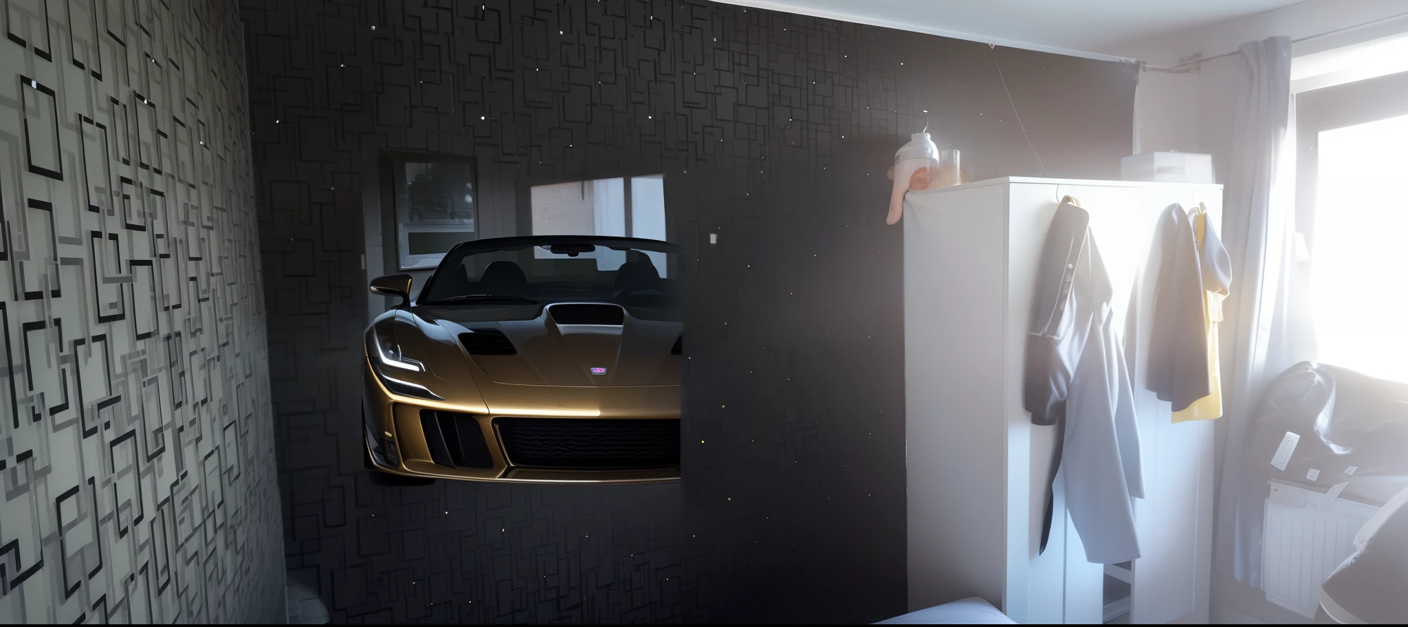 (best quality, highres, realistic:1.37), portrait of a sports car in a golden picture frame hanging on the wall, detailed car body, shiny metallic color, vibrant colors, professional lighting, realistic reflections, sharp focus, fine textures, luxurious atmosphere, attention to small details, exquisite craftsmanship