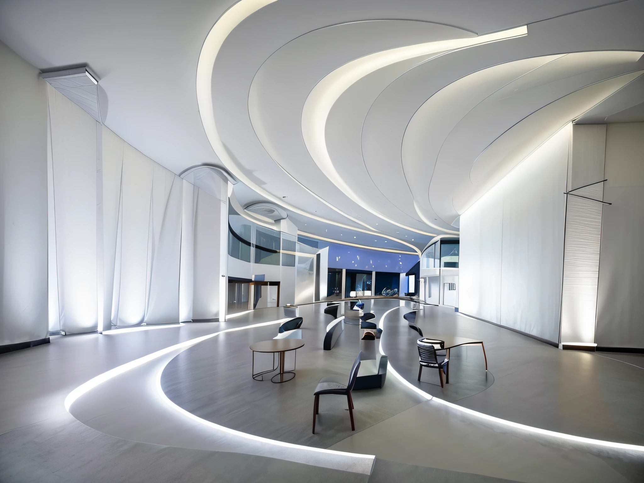 Great view from a banquet hall，There were plenty of chairs and tables, rounded ceiling, Interior lighting, smooth curvilinear design, smooth curvature design, white accent lighting, interior architecture view, White ceiling, gentle ambient lighting, stunning lines, glowing white accent lighting