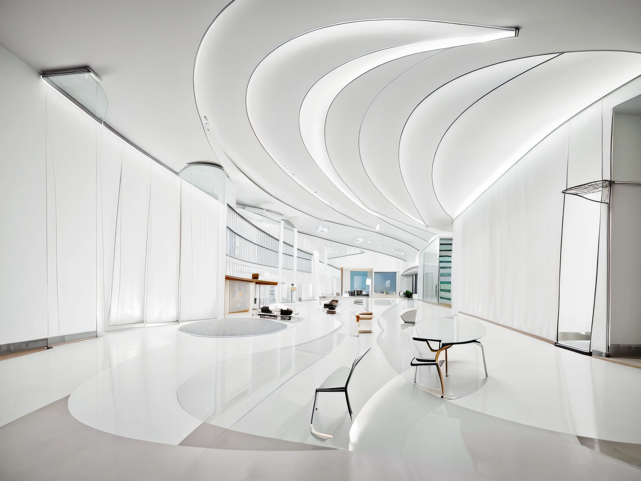 Great view from a banquet hall，There were plenty of chairs and tables, rounded ceiling, Interior lighting, smooth curvilinear design, smooth curvature design, white accent lighting, interior architecture view, White ceiling, gentle ambient lighting, stunning lines, glowing white accent lighting