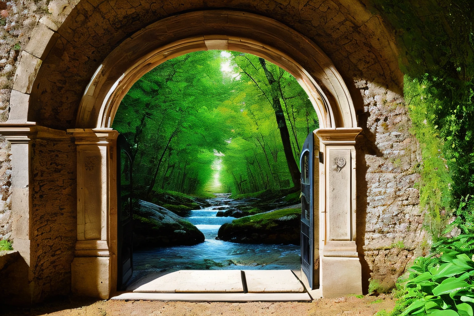 grotte, Eau, fleurs, , Gold forged door,  la plus oeuvre du monde, plantes grimpantes, espace,