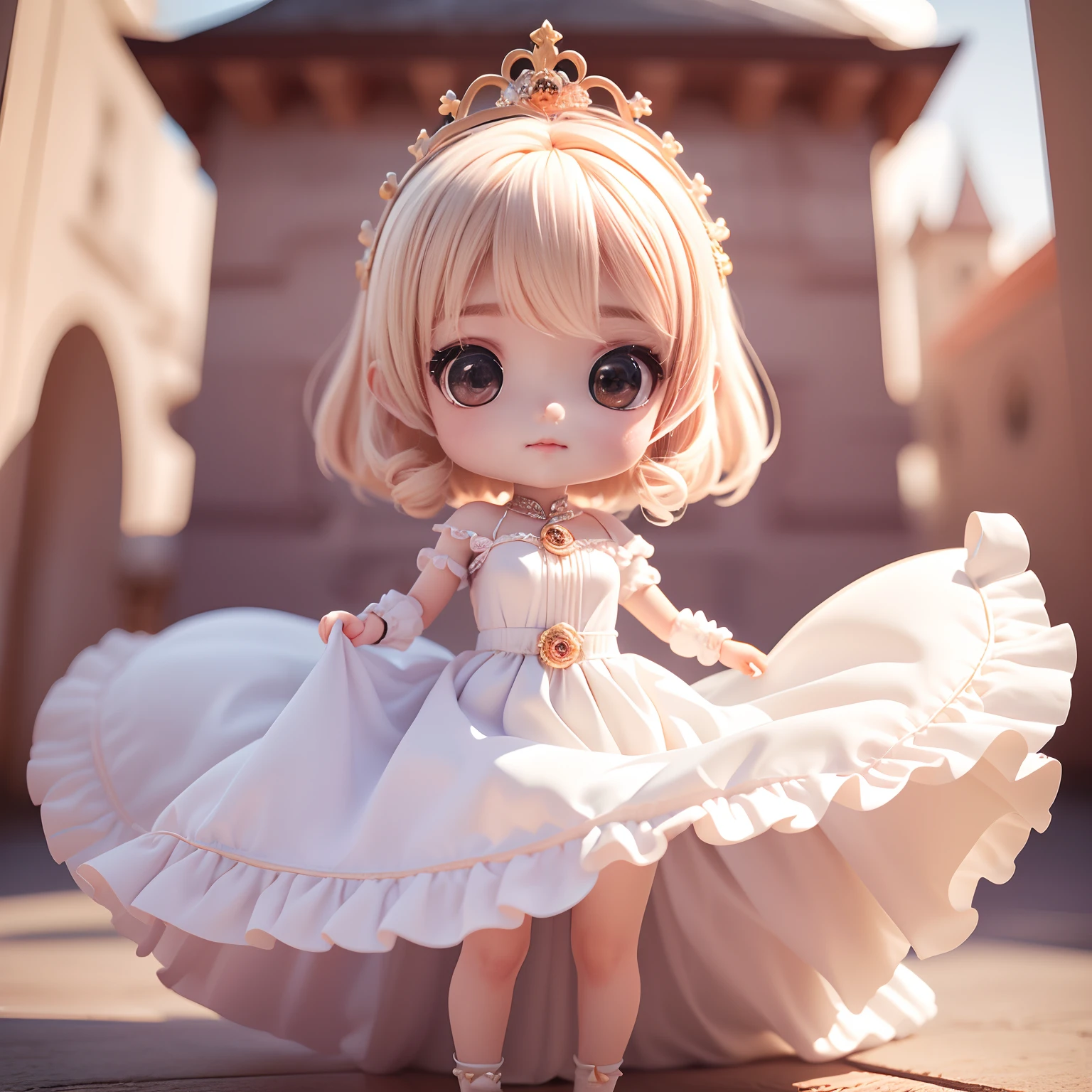 Cute Baby Chibi Anime、(((Chibi 3D))) (Best Quality), (masutepiece)、Pristine white dress with ethereal transparency,(pure), Princess Crown、Standing, (Curtsey:1.5), (Lightly lift the skirt of a long dress:1.4) 、Castle Ball、Pumps with flower motifs、(tchibi:1.5),