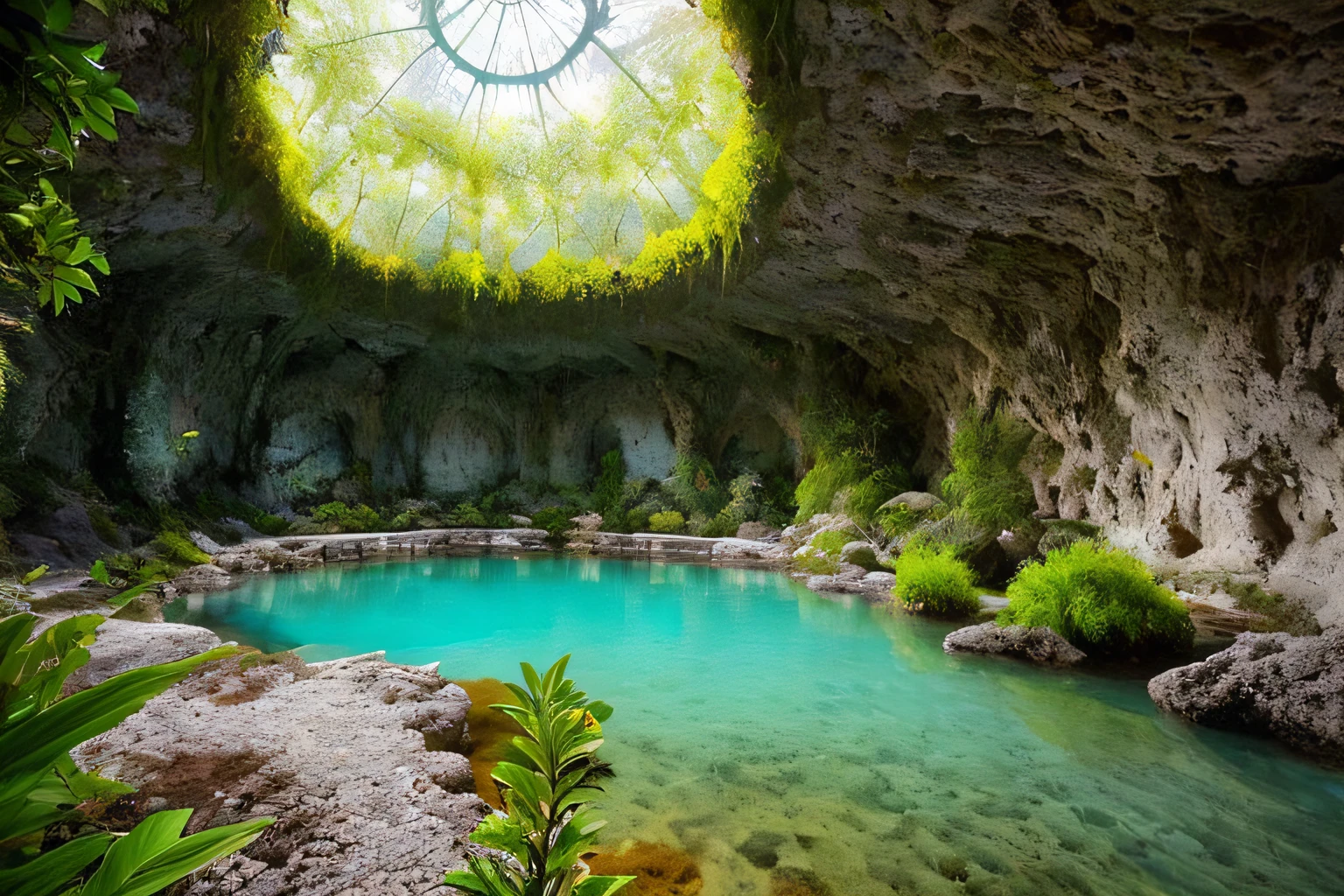 grotte, Eau, fleurs, ,porte avec vue sur l'univers,  la plus oeuvre du monde, plantes grimpantes, espace,