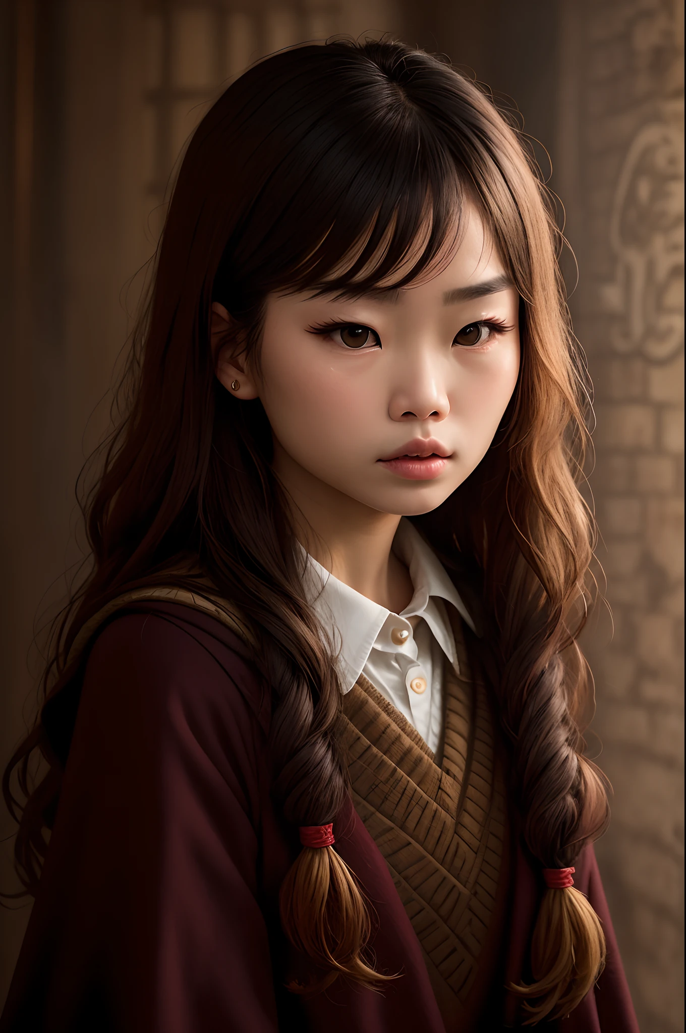 young girl, 25 years, auburn long hair, brown eye, Without bangs, Skinny, Slim, looks like an Asian woman, pouty lips, small nose, oval face, Harry Potter-themed, Gryfendor, an asian woman, against the backdrop of Hogwarts