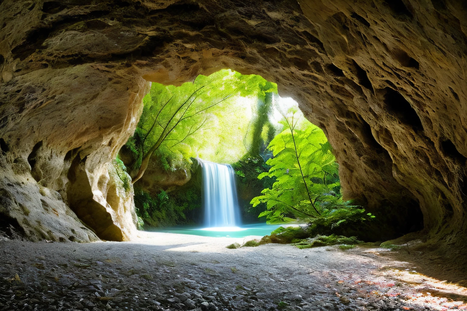 grotte, Eau, fleurs, ,porte avec vue sur l'univers, la plus oeuvre du monde, plantes grimpantes, espace,
