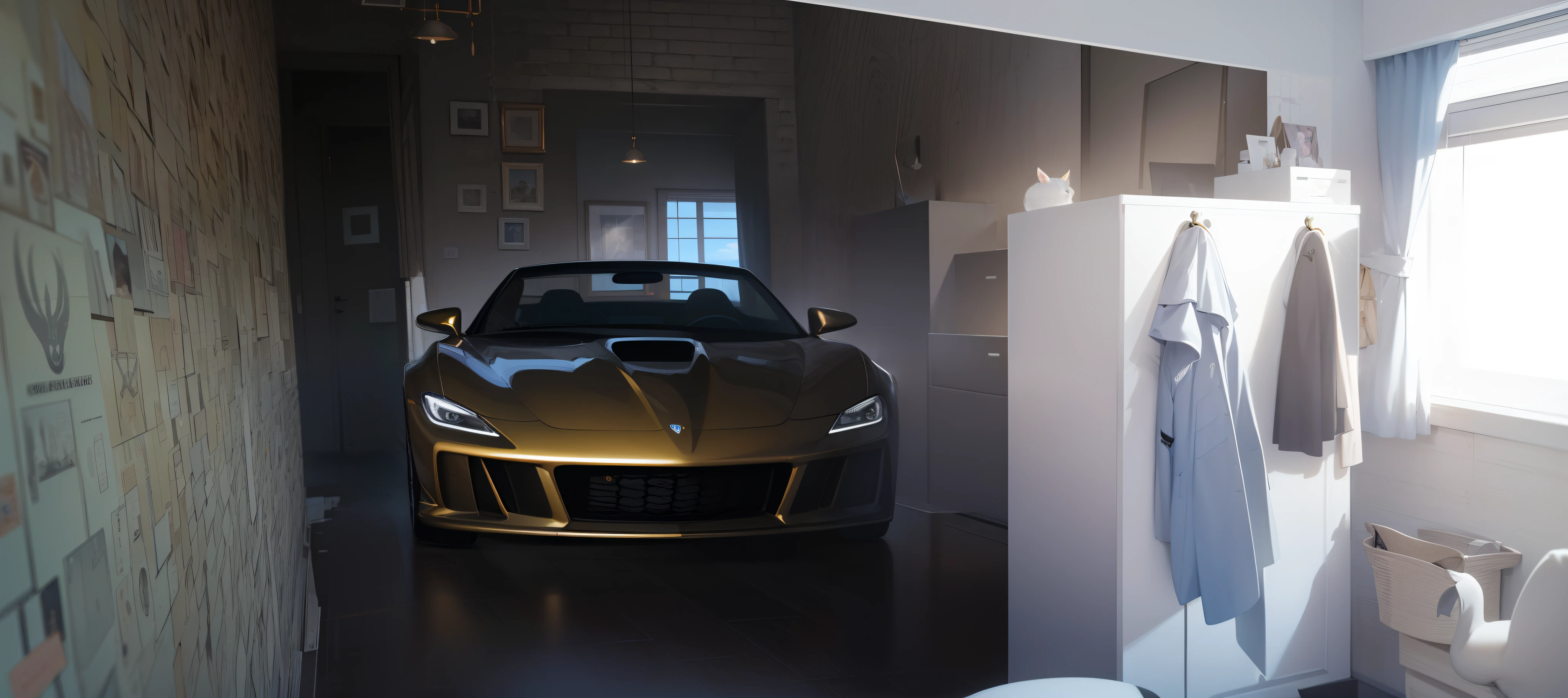 (best quality, hight resolution, realistisch:1.37), Portrait of a sports car in a golden picture frame, that hangs on the wall, Detaillierte Karosserie, shiny metallic color, Lebendige Farben, Professionelle Beleuchtung, Realistische Reflexionen, Scharfer Fokus, Feine Texturen, Luxurious atmosphere, Liebe zum Detail, Exquisite Handwerkskunst