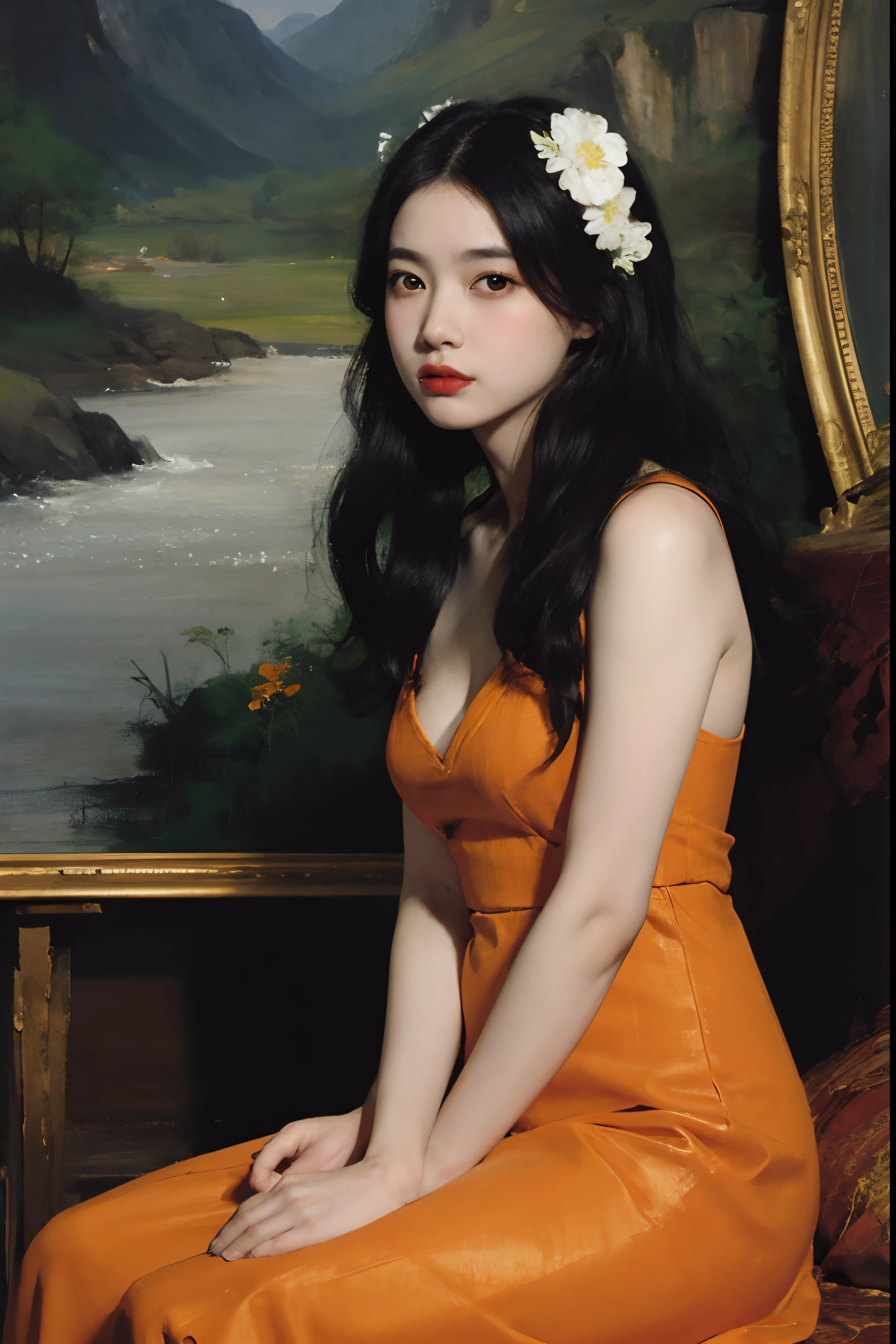 (Oil painting: 1.5),

\\

A woman with long black hair and white flowers in her hair sits in front of a Chinese landscape painting, orange dress (Amy Saul: 0.248), (Stanley Ateg Liu: 0.106), (a detailed painting: 0.353), (Gothic art: 0.106)