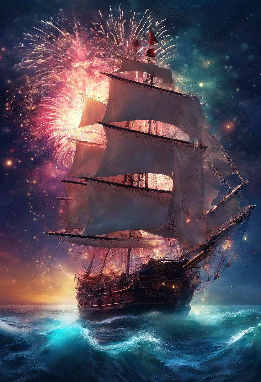 sailing ship, sea, moonlight, (firework), particle effects