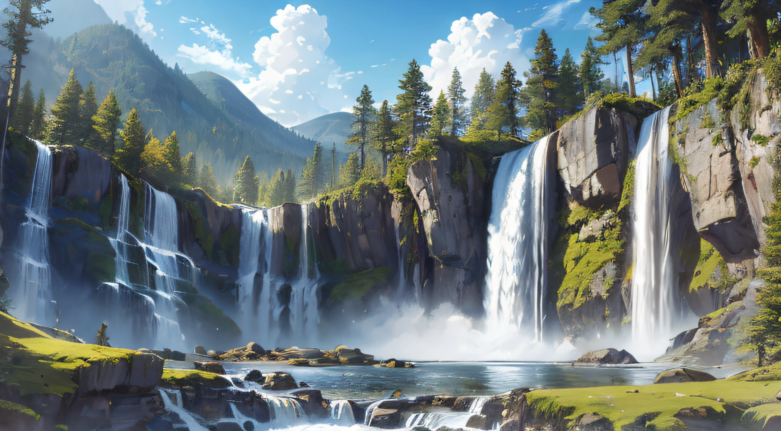 ((masterpiece)),((best quality)),((high detail)),((realistic,)) ((ultra detailed)) landscape of a waterfall, cartoonist illustration, aeria view, beautiful sky, deformed clouds, 1.3:pine trees, mist