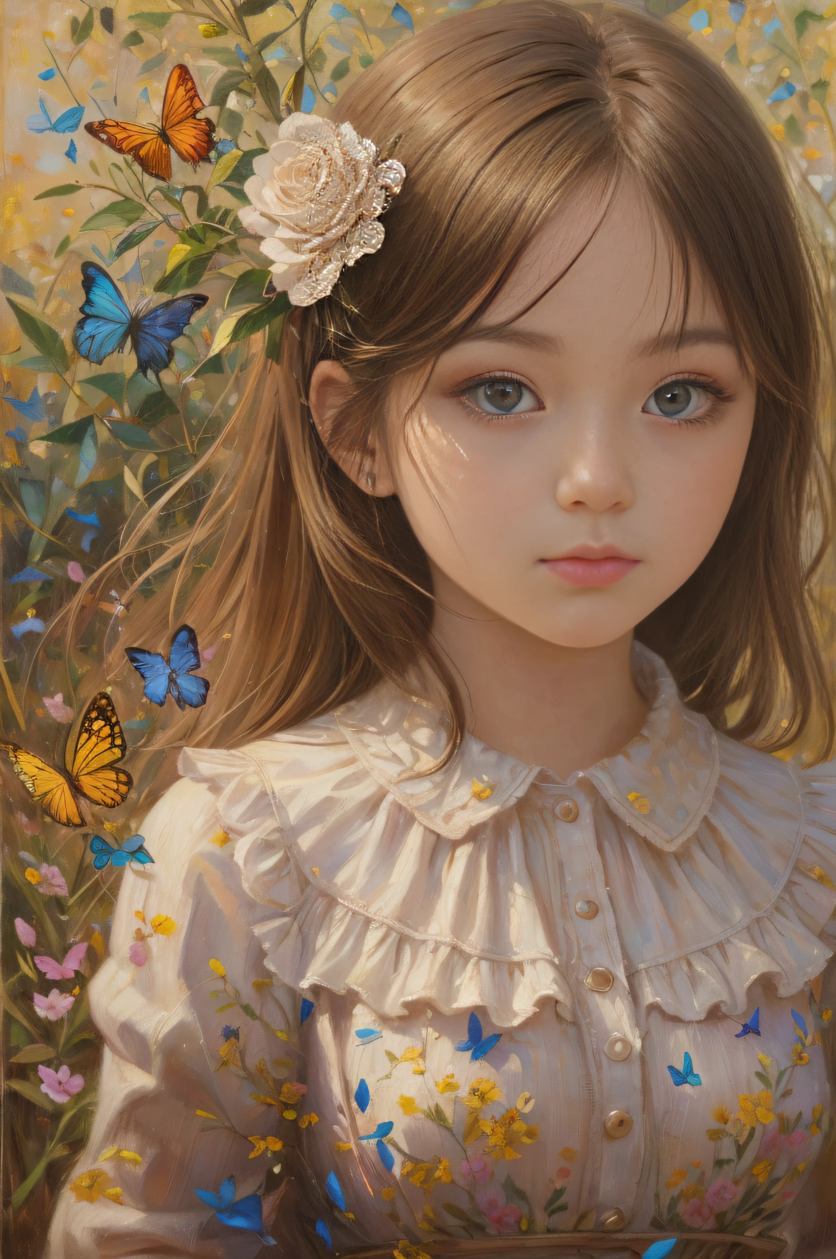 ​masterpiece、top-quality、Very delicate and beautiful girl、A lot of butterflies、coloured butterflies、Beautiful fece、In the vast steppes、Old castle on a hill、ultra-detailliert、ighly detailed、top-quality、short brown haired、Brown-eyed、The upper part of the body、hight resolution、ighly detailed、1girl in、top-quality、illustratio、looking at the viewers、Hands down、Impasto、canvas、an oil painting、realisticlying、realist、realisitic