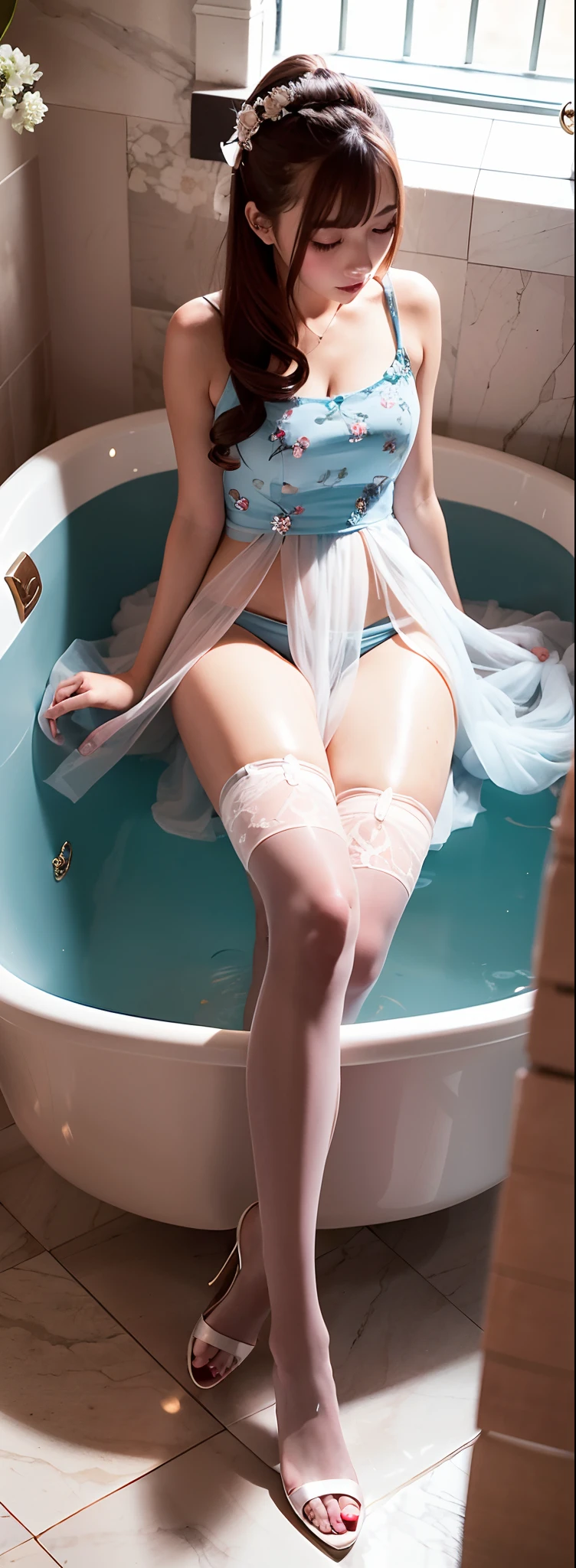 Long transparent dress，Perfectly illuminated floral pattern，schoolgirls，wavy and long hair，blueneyes，Crystal hair accessories，Full body photo，Seductive expressions，Clear shiny stockings，16k high quality photos，aerial shot，In the bathtub