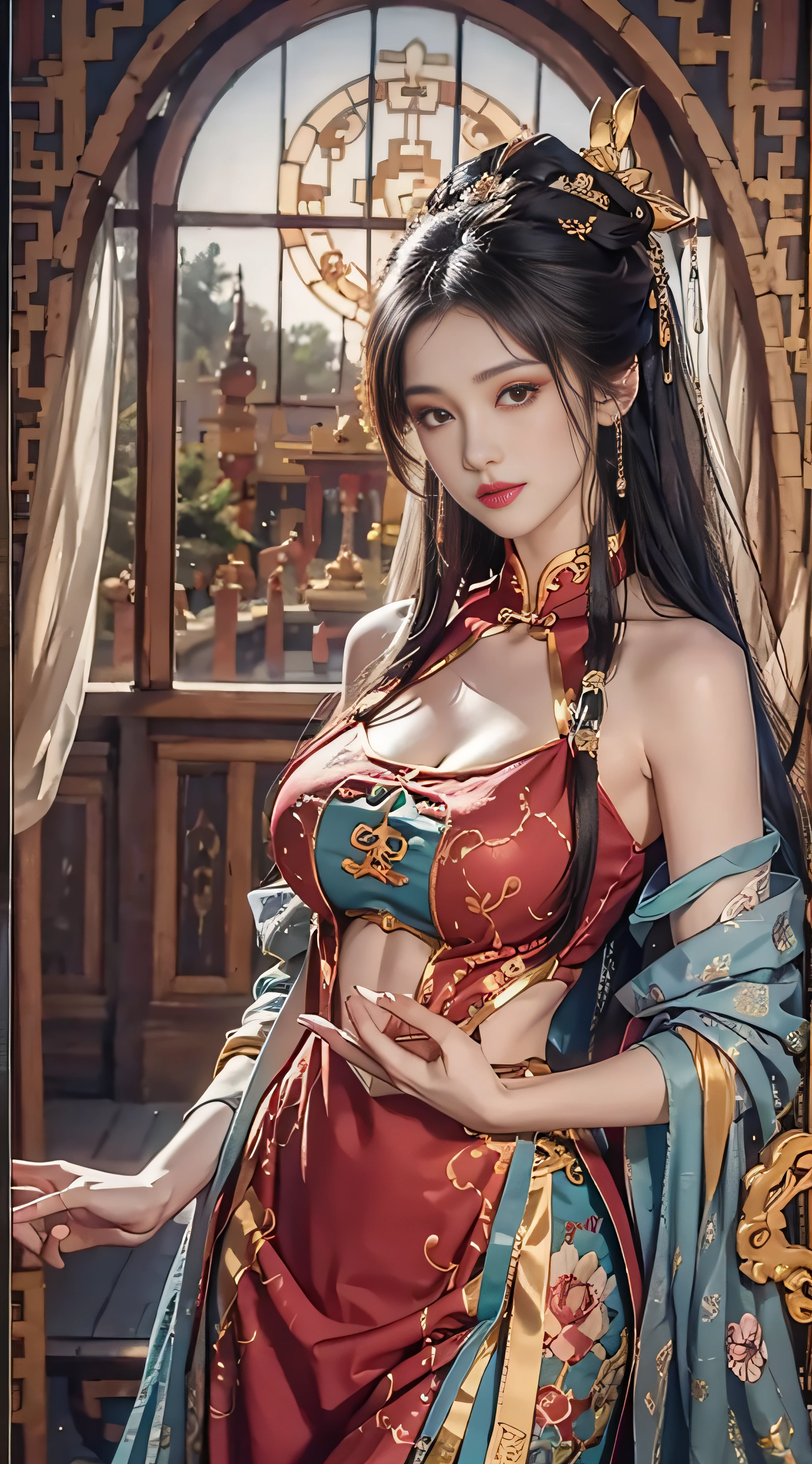 ((Best quality)), ((masterpiece)), 3D, 4K, A beautiful girl dressed in Chinese emperor's attire, sitting on a golden throne, Eastern architecture, (((no panties))), (((no bra)))